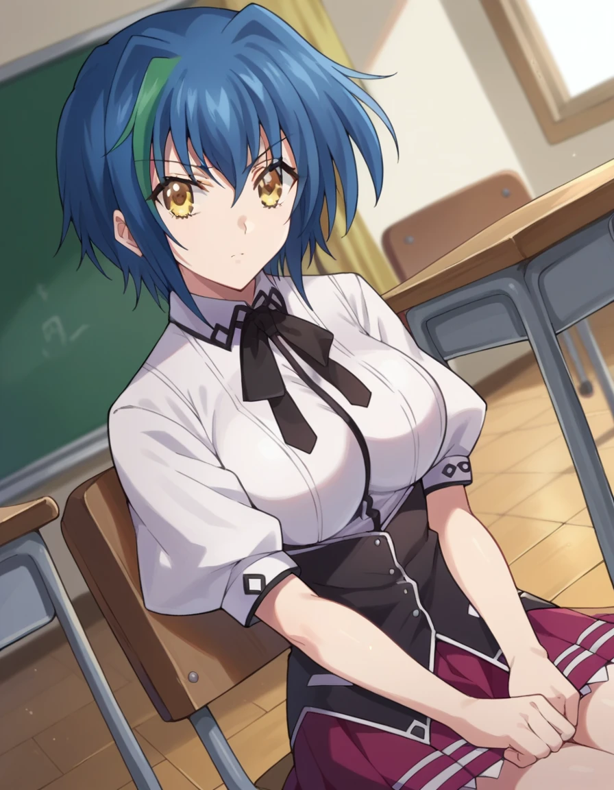 score_9, score_8_up, score_7_up, source_anime,
xenoviaquarta, <lora:dxd-xenovia-quarta-ponyxl-lora-nochekaiser:1>,
xenovia quarta, short hair, blue hair, yellow eyes, multicolored hair, green hair, two-tone hair, streaked hair,
shirt, ribbon, school uniform, white shirt, black ribbon, neck ribbon, capelet, black capelet, long sleeves, skirt, red skirt,
indoors, classroom, sitting, desk, chair,
looking at viewer, dutch angle, cowboy shot,