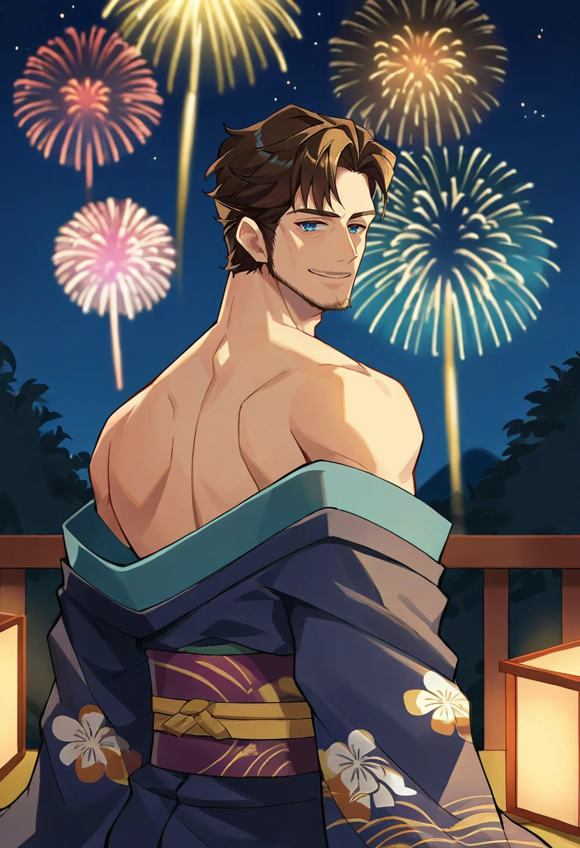 source_9,source_8_up,source_7_up,jeloandersen,mature male,brown hair,blue eyes,facial hair,kimono,off shoulder,night,fireworks,looking back,smile,<lora:Andersen-JeloXL:1>