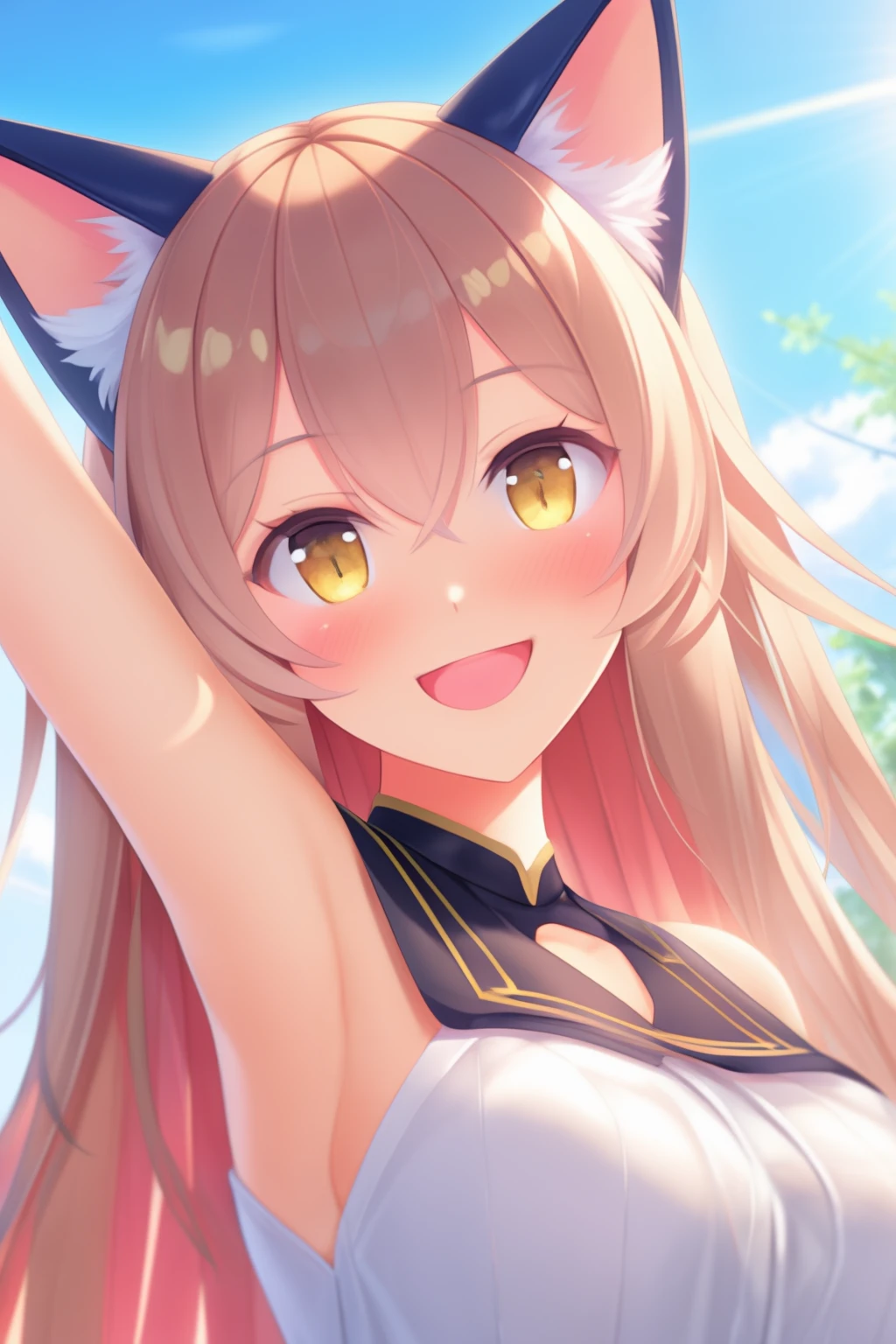 extremely aesthetic, best quality, newest, very aesthetic, high quality, 1girl, solo, cat ears, looking at viewer, blush, smile, upper body, waving, armpits, pov,