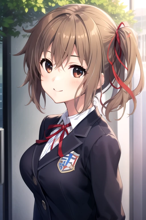((masterpiece)),(best quality),official art,extremely detailed CG,unity 8k wallpaper,ultra detailed,beautiful detailed eyes,extremely detailed face,outdoors,1girl,solo,upper body,(portrait:1.5),looking at viewer,facing viewer,smile,Ichinose Yui,short hair,brown hair,hair ribbon,side ponytail,floating hair,hair intakes,hair between eyes,brown eyes,school uniform,blazer,blue jacket,wing collar,collared shirt,white shirt,neck ribbon,red ribbon,long sleeves,large breasts,miniskirt,green skirt,plaid skirt,pleated skirt,zettai ryouiki,black thighhighs,loafers,<lora:Ichinose Yui(ls):0.8>,