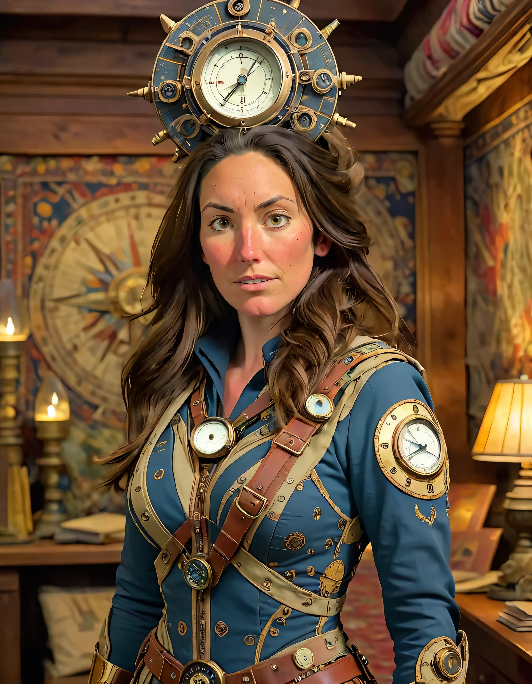 Time Traveler's Regalia: Draped in chrono-fabric, adorned with era-specific artifacts, crowned with a temporal compass.. Nikki Delventhal, the skilled time traveler, donning her extraordinary chrono-fabric suit crafted from an ancient fabric of the universe, embarked on a thrilling quest through history. Her outfit was studded with era-specific artifacts, each representing a critical moment in time, that she had carefully collected to aid her journeys. On her head sat a magnificent temporal compass - a marvelous invention - which could point towards any location and time, guiding her through the intricate tapestry of history with remarkable precision. With her arsenal ready, Nikki Delventhal set out to explore the wonders and mysteries hidden within each epoch, embarking on a grand adventure that would leave indelible impressions in the annals of time itself. <lora:zszrju18e019a18f8y2bf:1>