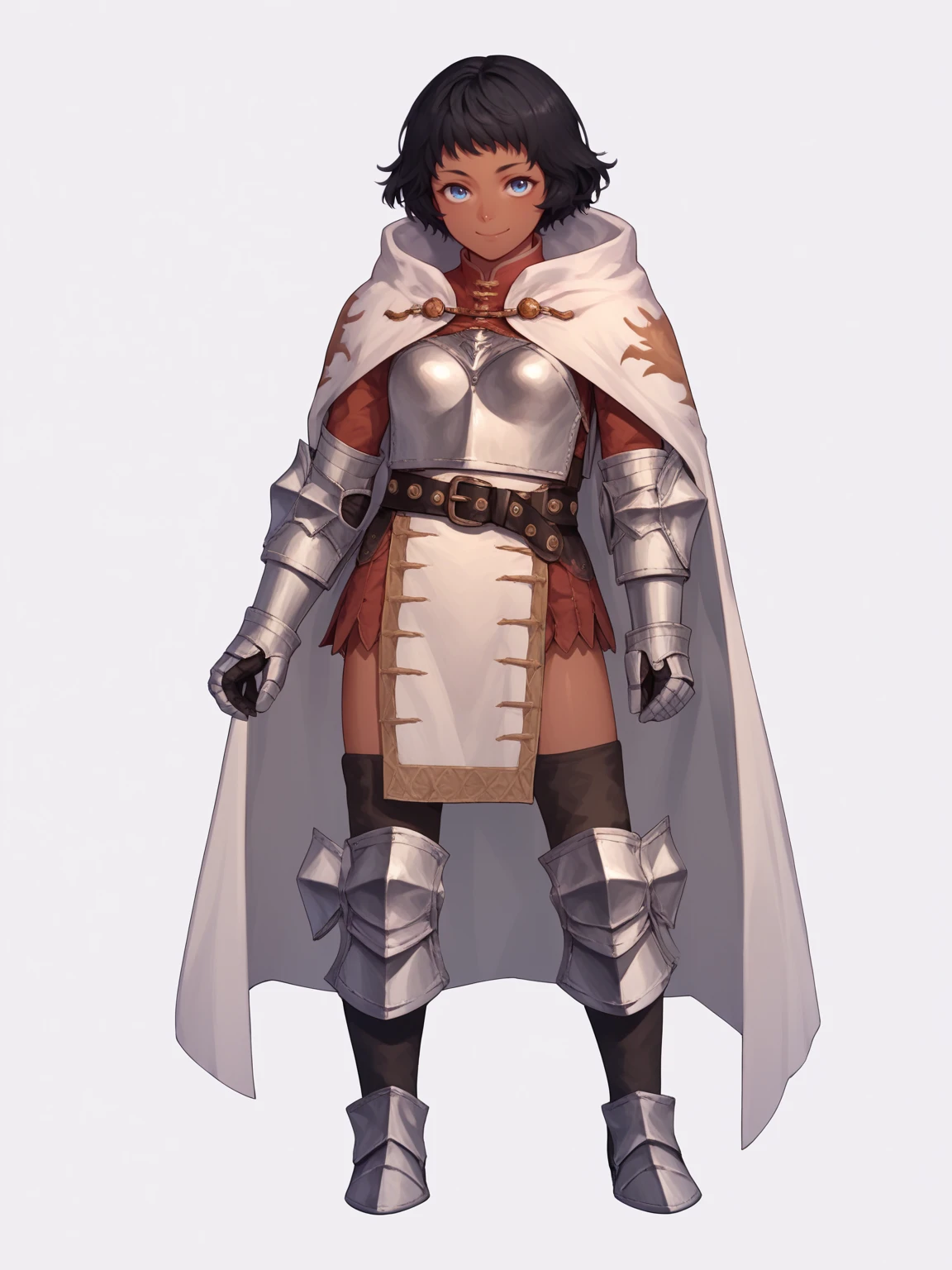 score_9, score_8_up, score_7_up, score_6_up, score_5_up, score_4_up, BREAK, anime coloring,
1girl, mercemarten, black hair, short hair, blue eyes, dark skin, armor, cape, belt, breastplate,  greaves, pelvic curtain, scabbard, shoulder armor, thighhighs,
smile, standing, full body, looking at viewer, solo, simple background, white background     <lora:MercedesMartenXL:1>