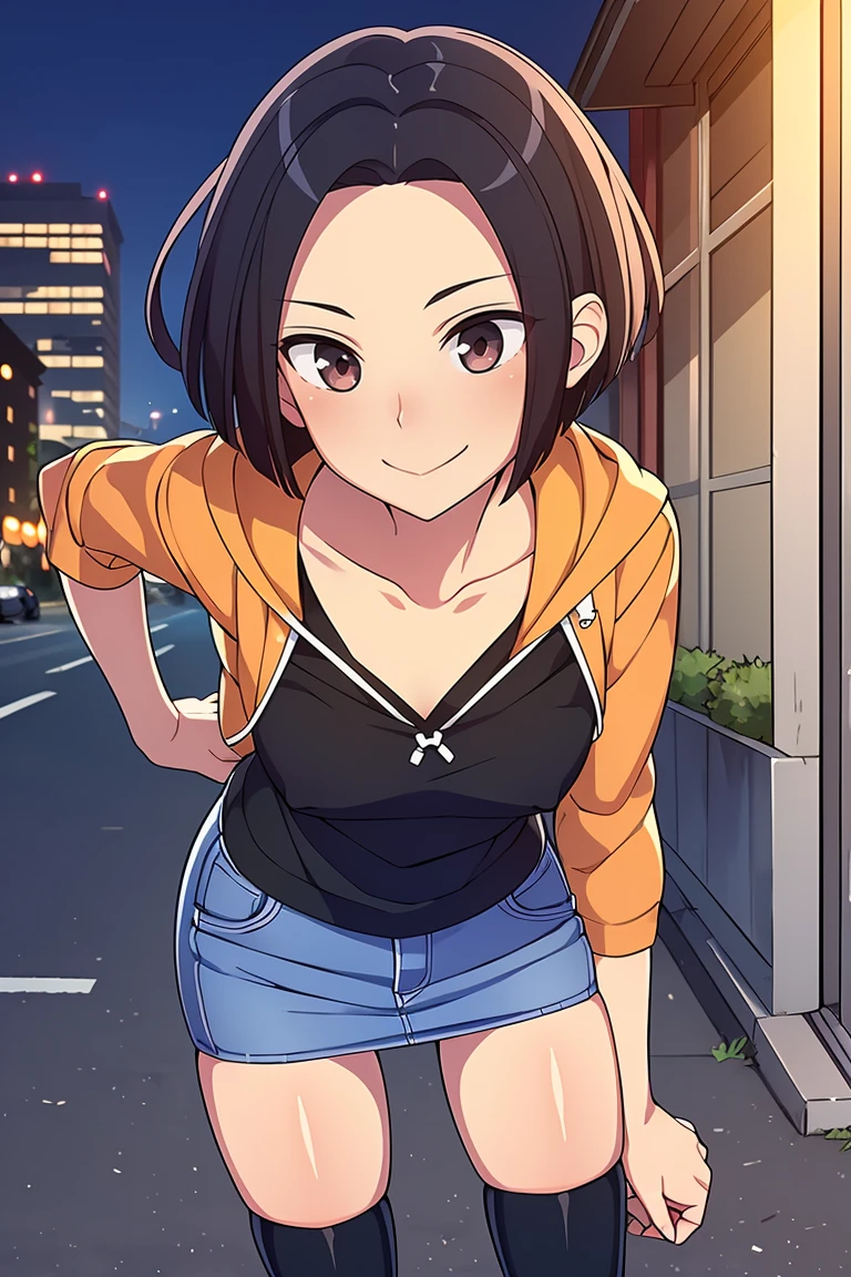 (masterpiece, best quality), 1girl, solo, looking at viewer,
<lora:Angry Ex-GF (Stopman):0.8>,
angryexgf, (red eyes:0.7), brown eyes, black hair, short hair, bob cut, forehead, sidelocks, parted hair, tsurime, medium breasts,
(orange hoodie, hood down, blue pencil skirt, mini denim skirt, black thighhighs, black undershirt), (sleeves past elbows, collarbone, white trim),
light smile, closed mouth,
erotic pose, seductive pose,
extreme close up,
city background, street lights, buildings