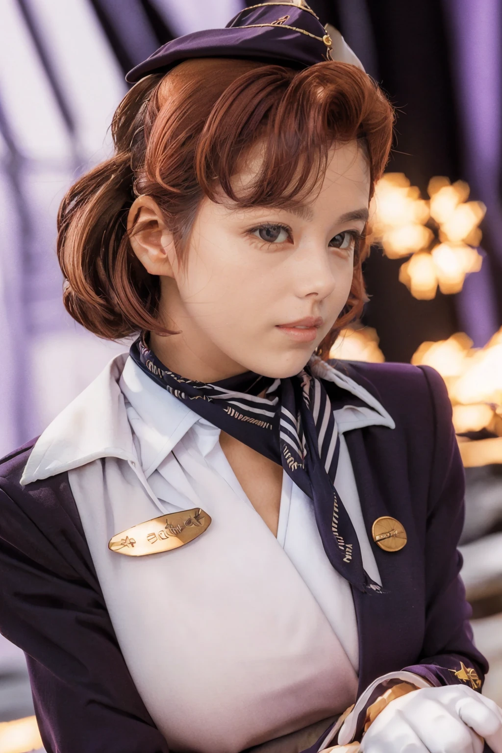cinematic film still 1girl, solo, ((purple theme)), beautiful adult woman, eyeliner, eyeshadow, makeup, black lips ((strawberry blonde hair)) hair,best quality, high quality, high detail, 4k, 8k resolution,rim lighting ,st3w4rd3ss, uniform, white gloves, lapel, garrison cap, flight pin, name tag, pencil skirt, scarf, cuffs, large breasts, hourglass figure . shallow depth of field, vignette, highly detailed, high budget, bokeh, cinemascope, moody, epic, gorgeous, film grain, grainy,, ,
<lora:Outfit_StewardessAeroflot:0.8>
<lora:yasukosawaguchilora:1>