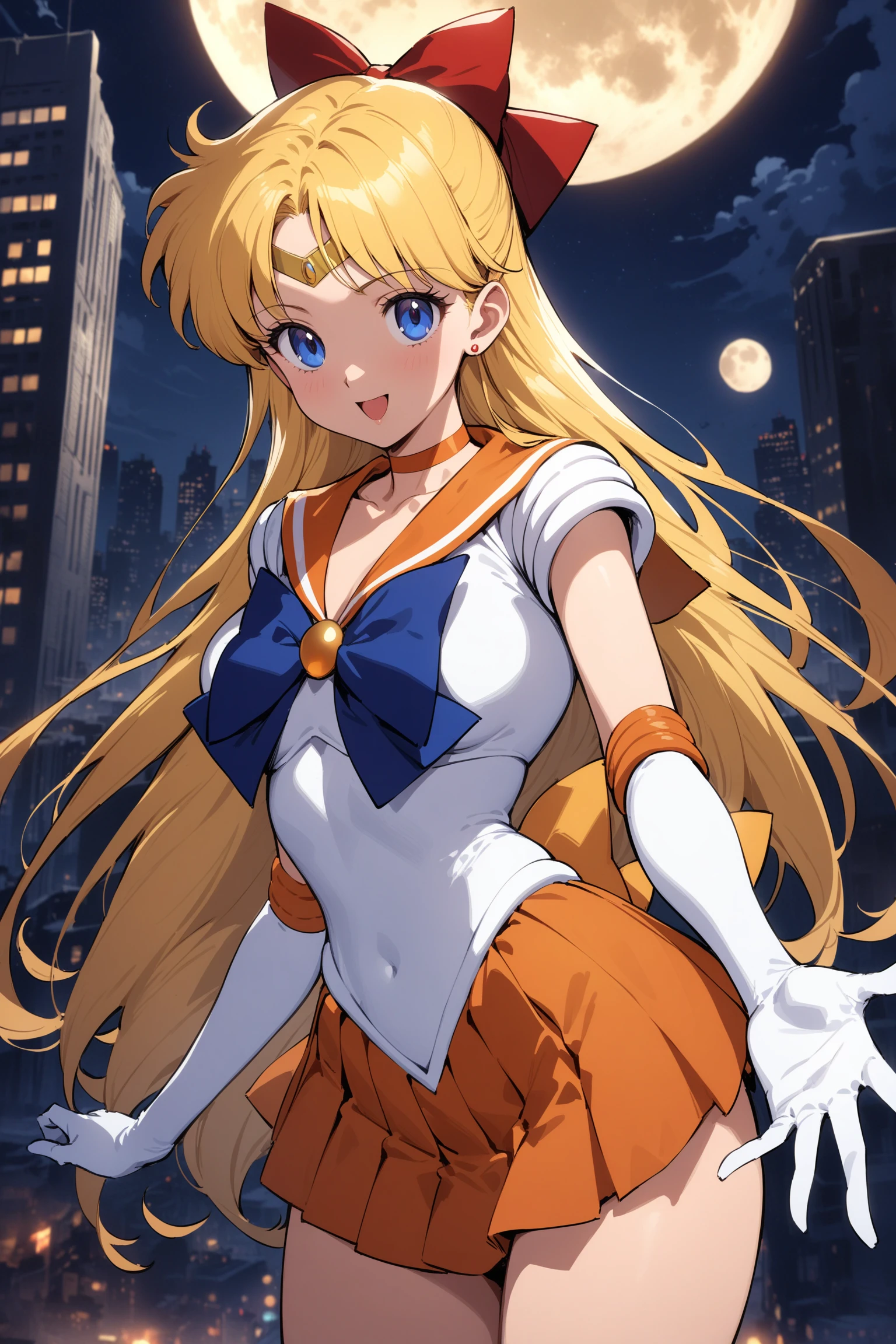 masterpiece, best quality, very aesthetic, absurdres, aavenus, long hair, blonde hair, hair bow, tiara, blue eyes, earrings, orange choker, collarbone, orange sailor collar, blue bowtie, white shirt, white leotard, elbow gloves, white gloves, pleated skirt, orange skirt, <lora:sailor_venus_XL_v1(anima):0.9>, standing, cowboy shot, outdoors, night, moon, city, building, reaching out, smile, open mouth,