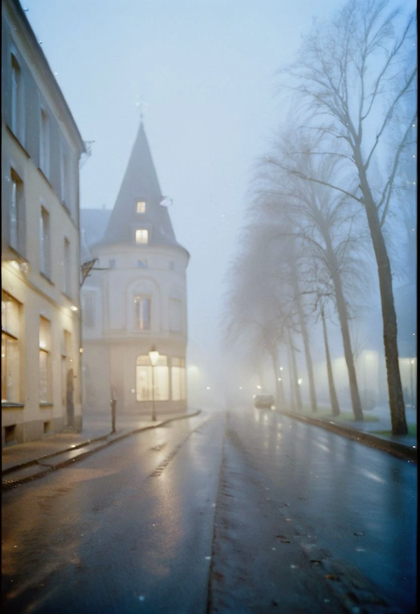 c41_hasselblad_portra400, instagram photo, a dark and foggy street somewhere in europe, hard shadows, film grain