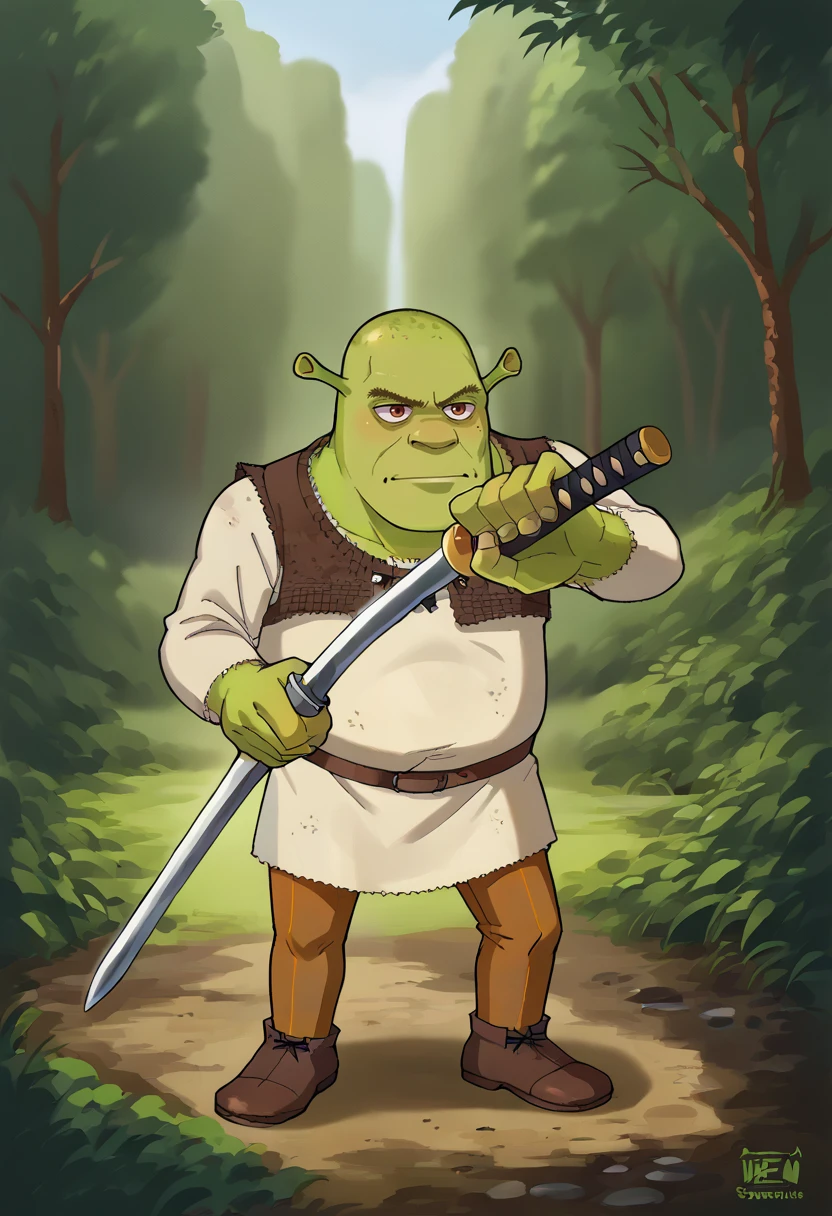 score_9, score_8_up, source_anime, 1boy, incrsunsheathingakatanameme, <lora:KagurabachiPose_XLPD:1>, sword, unsheathing, sheath, <lora:Shrek_XLPD:1>, shrek, green skin, outdoors, wetland,