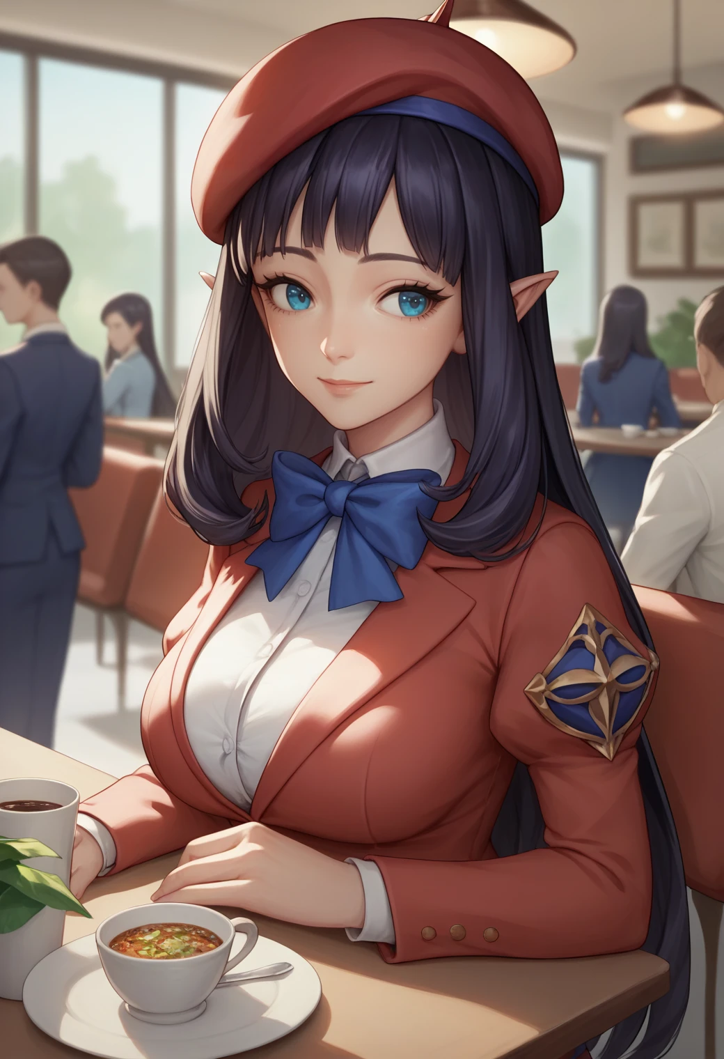 score_9, score_8_up, score_7_up, source_anime, mirianne, cafe, sitting, multiple girls, faceless female, cushion, blazer, bowtie, collared shirt, large breasts, red blazer, formal, school uniform, puffy sleeves, beret, indoors, upper body, light smile, looking to the side, looking at viewer, blurry background, blurry foreground, <lora:mirianne-ponyxl-beta4-08:1.0>