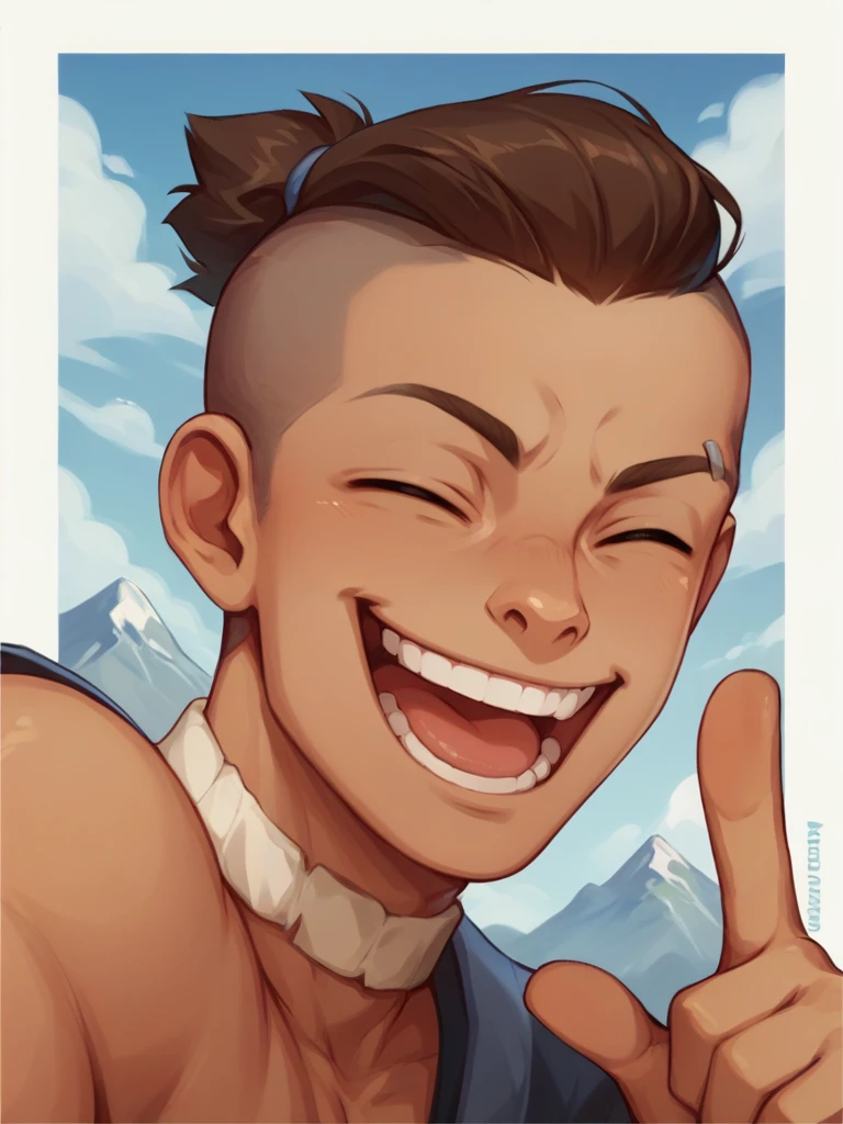 score_9, score_8_up, score_7_up, score_6_up, <lora:S0kka:1> solo, S0kka man, brown hair, topknot, undercut, laughing, closed eyes, pointing at viewer, mountain background