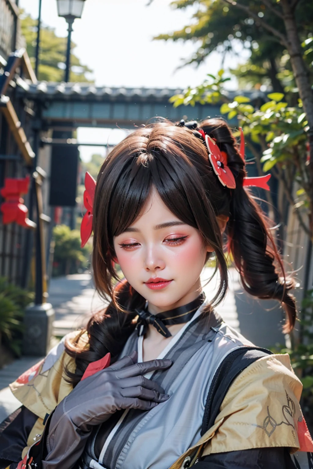 masterpiece,best quality,realistic,film grain,1girl, chiori \(genshin impact\), solo, gloves, closed eyes, upper body, hair flower, kimono, side ponytail, brown hair, outdoors, tree, day, cloud