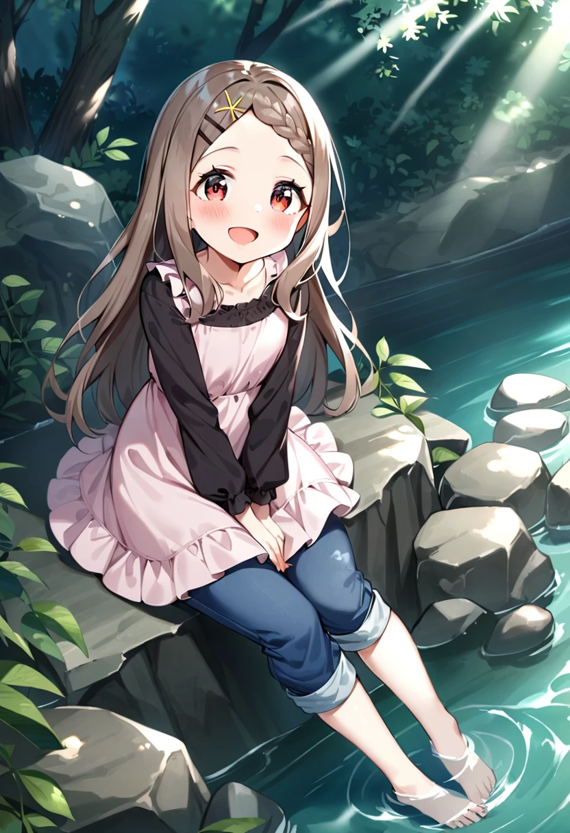 masterpiece, best quality, very aesthetic, absurdres, 1girl, aoba kokona, barefoot, solo, open mouth, water, smile, hairclip, shoes removed, braided bangs, soaking feet, blush, pants rolled up, :d, sitting, long sleeves, brown hair, outdoors, sunlight, brown eyes, rock, day, leaf, collarbone, black shirt, capri pants, brown footwear, shoulder bag, hand between legs, brown dress, wading, pink dress, branch, grey hair, pink footwear, red eyes, looking at viewer, denim, dappled sunlight, handbag, very long hair, frills, stream, dutch angle, sleeveless dress, river, sleeves past wrists, x hair ornament, light rays, full body, frilled dress, toes, sneakers, parted bangs, sunbeam, tree, blue pants <lora:aoba_kokona_sdxl_locon_ani31_v1:0.7>