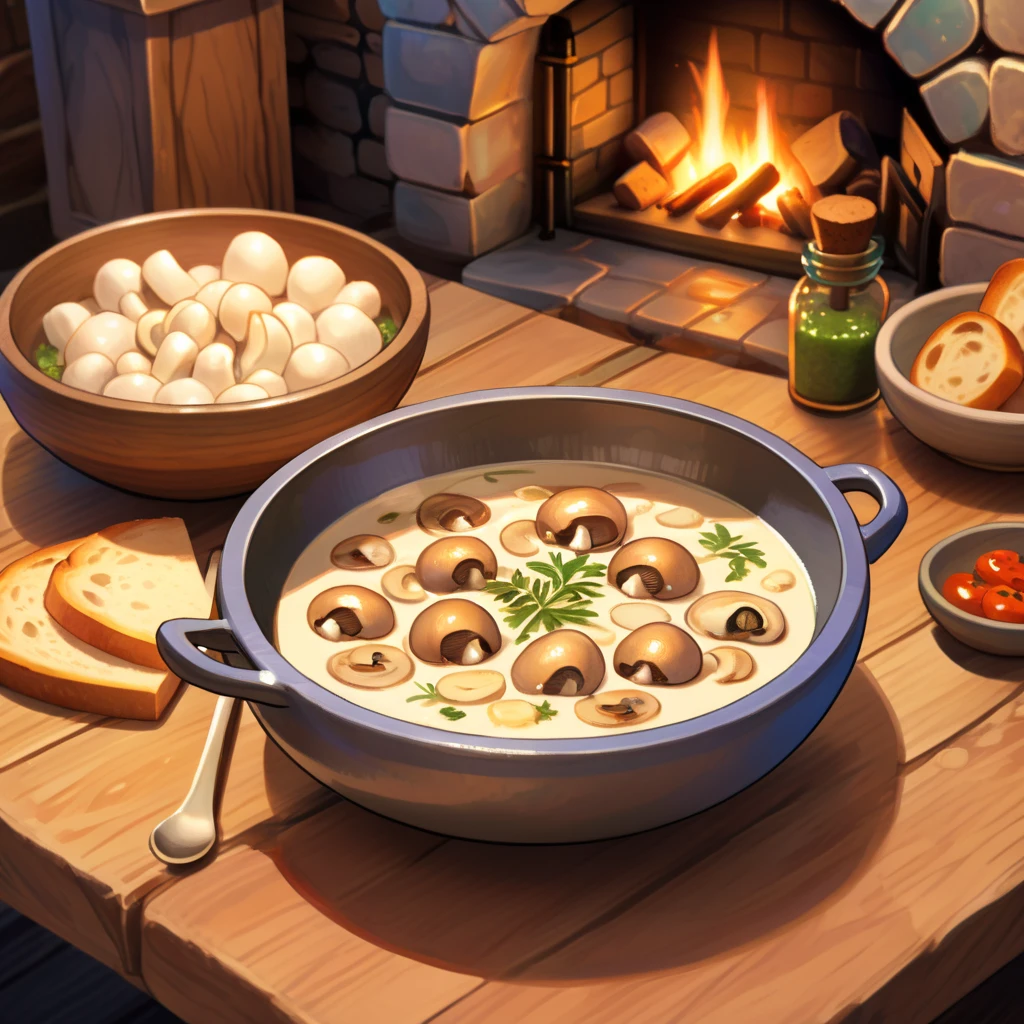 Craft a cozy, inviting scene of a delicious mushroom soup, styled as if it's from an RPG game. The bowl is rustic, earthenware, filled to the brim with creamy, thick soup teeming with slices of various mushrooms - each type distinct and vibrant. Around the bowl, ingredients like herbs, garlic, and a wooden ladle rest on a rough wooden table, suggesting a tavern setting. The lighting is warm and welcoming, with a fireplace softly illuminating the scene in the background, enhancing the magical, adventurous feel of an RPG culinary delight, uniko,<lora:uniko:0.8>