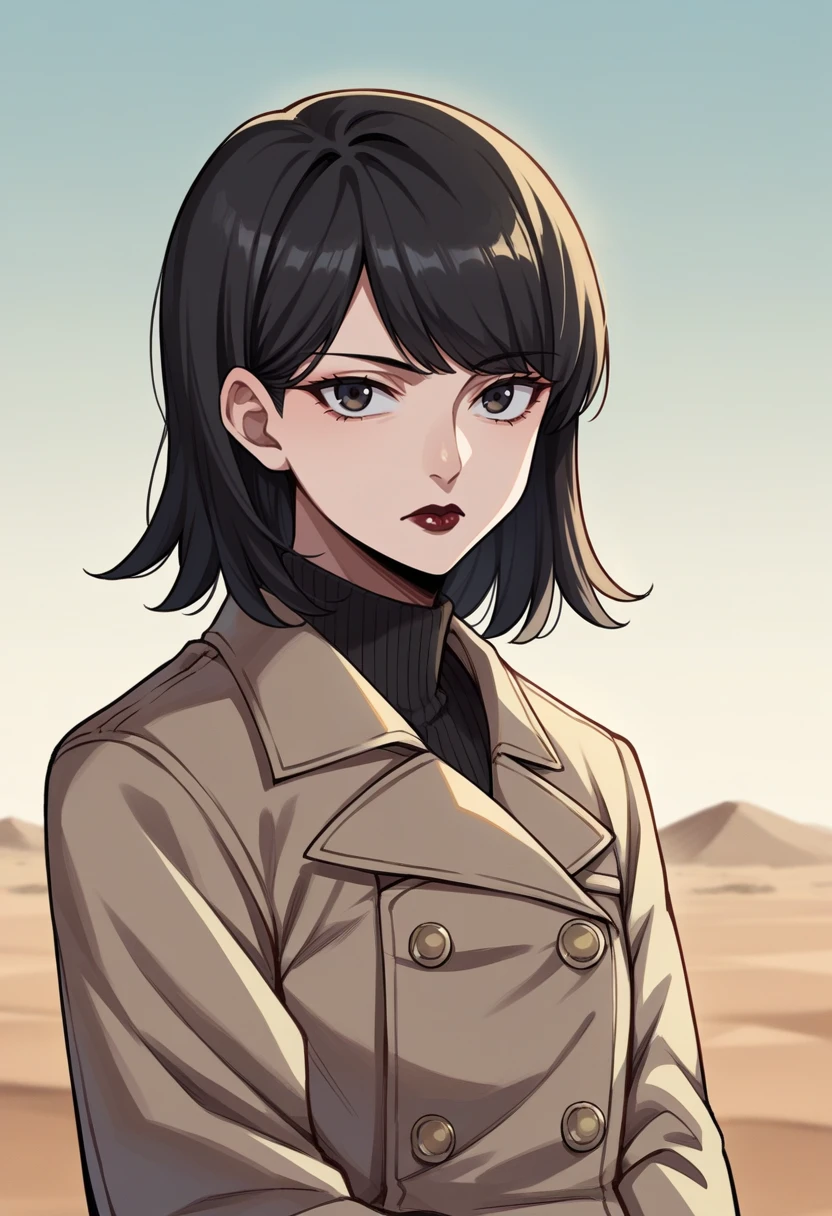 score_9, score_8_up, score_7_up, source_anime BREAK 1girl, solo,   <lora:zs_TakaoXL:1> takaosmtiii, black hair, medium hair, beige coat, turtleneck, black pants, desert, looking at viewer, yellow sky, expressionless, lipstick