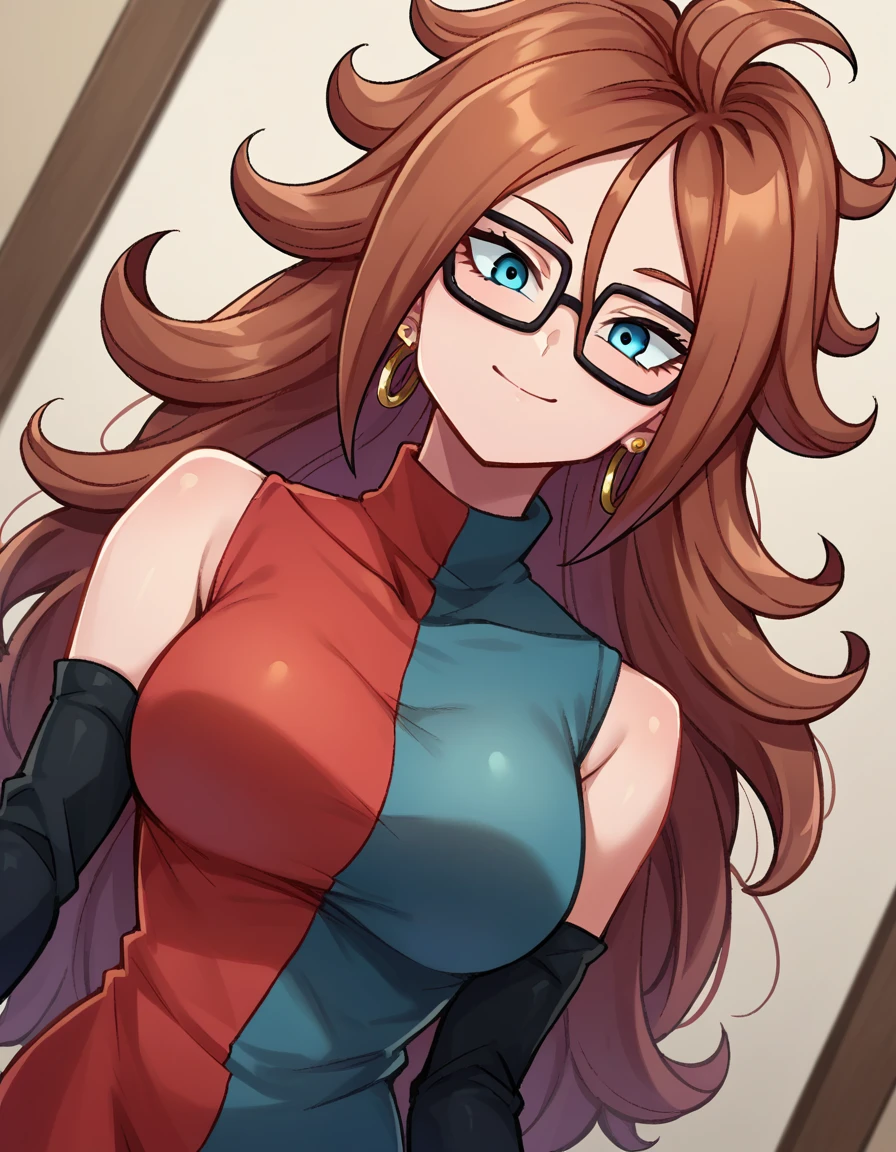 score_9, score_8_up, score_7_up, source_anime,
android21, <lora:android-21-ponyxl-lora-nochekaiser:1>,
android 21, blue eyes, brown hair, glasses, long hair, very long hair, black-framed eyewear, smile,
black sleeves, checkered clothes, checkered dress, detached sleeves, dress, turtleneck,
indoors,
looking at viewer, dutch angle, cowboy shot,