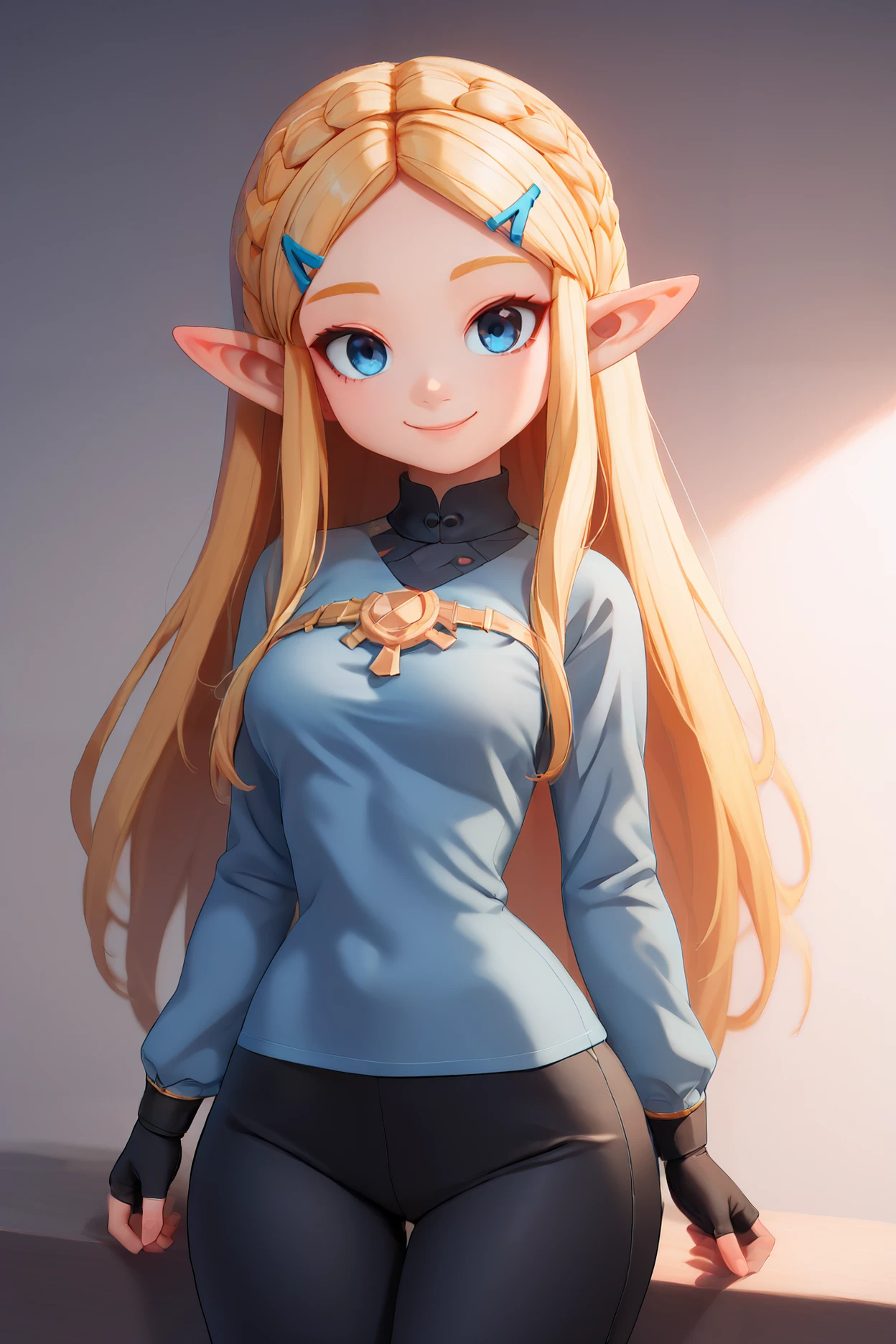 <lora:AngelicCAT_Style:0.8>,   high resolution, highly detailed, perfect lighting, beautiful detailed blue eyes,   ((masterpiece,best quality)), absurdres, solo,  princess zelda, long hair, crown braid, hairclip, pointy ears, blue shirt, long sleeves, fingerless gloves, black gloves, black pants, tight pants, smile, curvy, medium breasts, wide hips, head tilt,