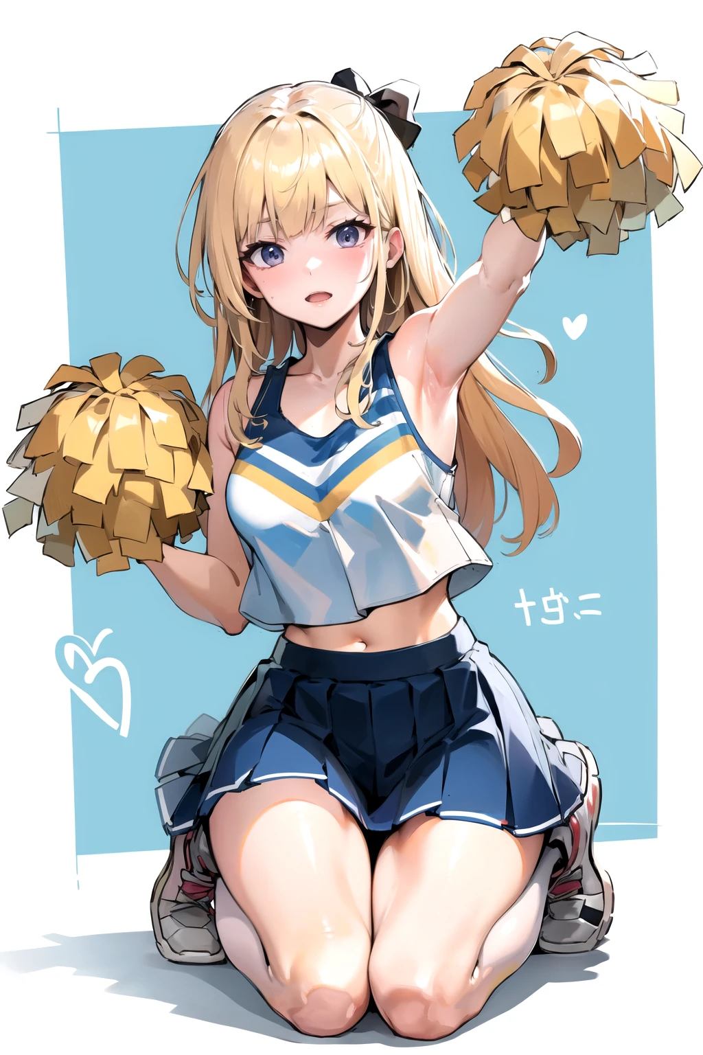<lora:CheerleaderCL-16:0.8>, CheerleaderCL, pom_pom_(cheerleading), holding pom poms, kneeling, blonde hair, best quality, masterpiece, highres
