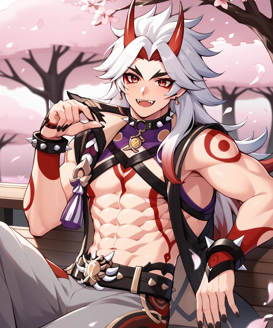 Arataki Itto from genshin impact, A handsome man with a big chest, big pecs, big bulge, big dick bulge, attractive male, sexy masculine, relaxing, handsome male, oppai, oppai proportions, cinematic lighting, high contrast, vivid colors, 8k, masterpiece