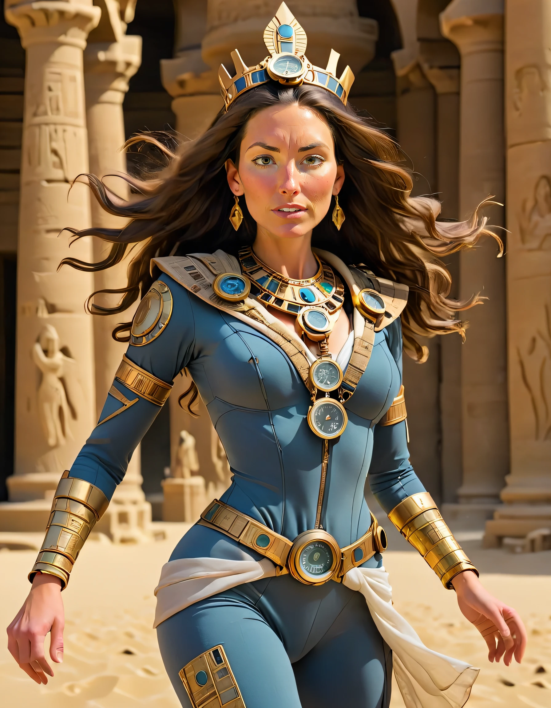 Time Traveler's Regalia: Draped in chrono-fabric, adorned with era-specific artifacts, crowned with a temporal compass.. Nikki Delventhal, the time traveler extraordinaire, clothed in her intricate chrono-fabric suit that could seamlessly adjust to any point in history, embarked on an adventure with her trusted allies - a diverse collection of era-specific artifacts she had meticulously curated; from the pristine trinkets of Ancient Egypt to the futuristic gadgets of tomorrow's world. Crowned with a magical temporal compass that never failed her, she was the very essence of time travel in motion, gracefully dancing between the ebb and flow of history while changing the course of reality - one breath-taking moment at a time. <lora:zszrju18e019a18f8y2bf:1>