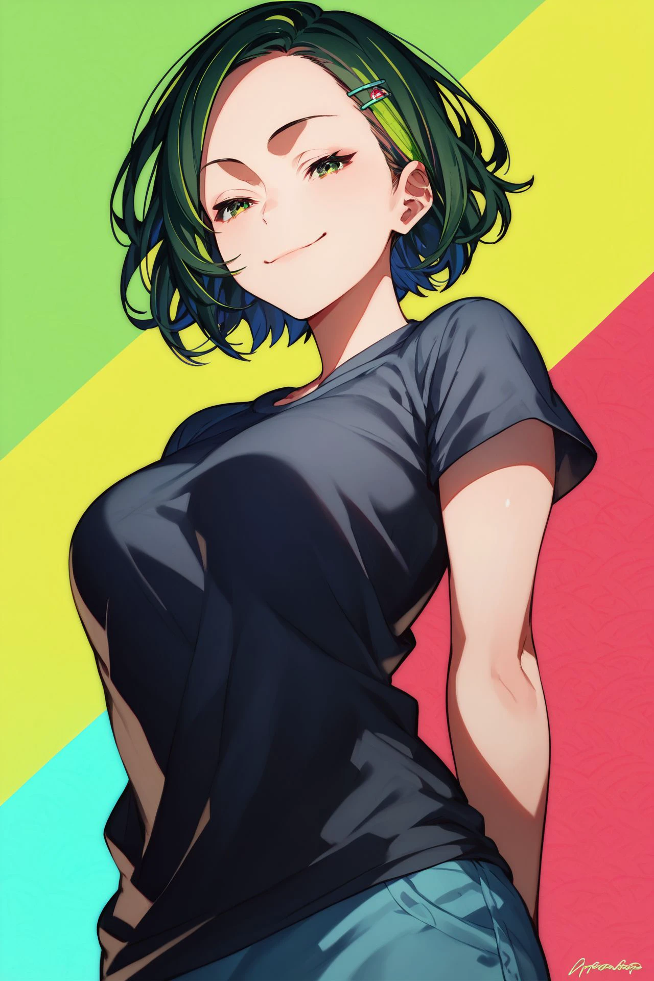 score_9, score_8_up, score_7_up, 1girl, looking at viewer, hands_behind_back, closed eyes smile, dark green hair, multicolored hair, widow's peak, hairclip, green eyes, medium breasts, dark blue t-shirt, vanishing point, colorful background, <lora:mika_pikazo_PonyXL_style_v01:1>