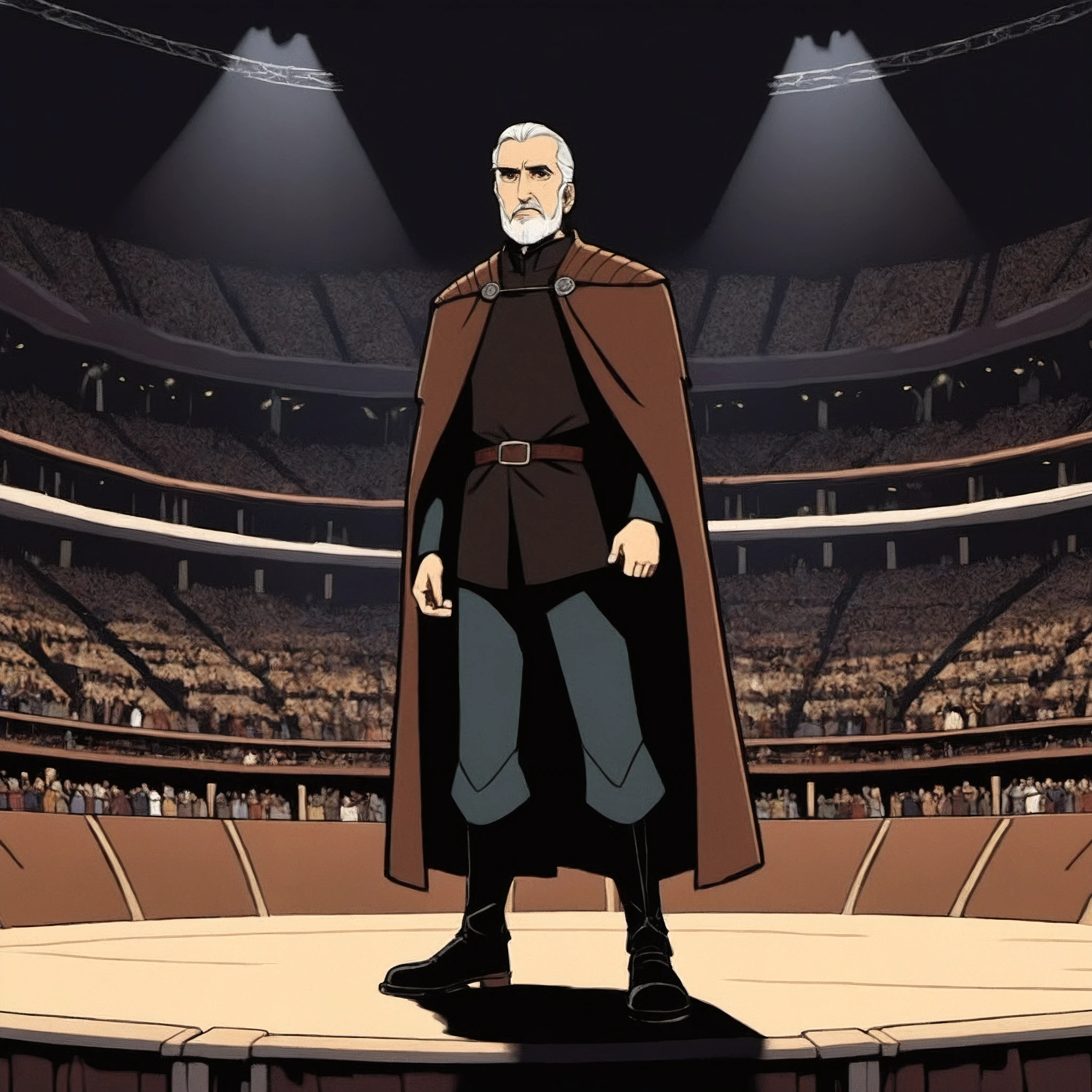 CntDK standing in an arena, 2d animation, hand-drawn cartoon, dark brown eyes