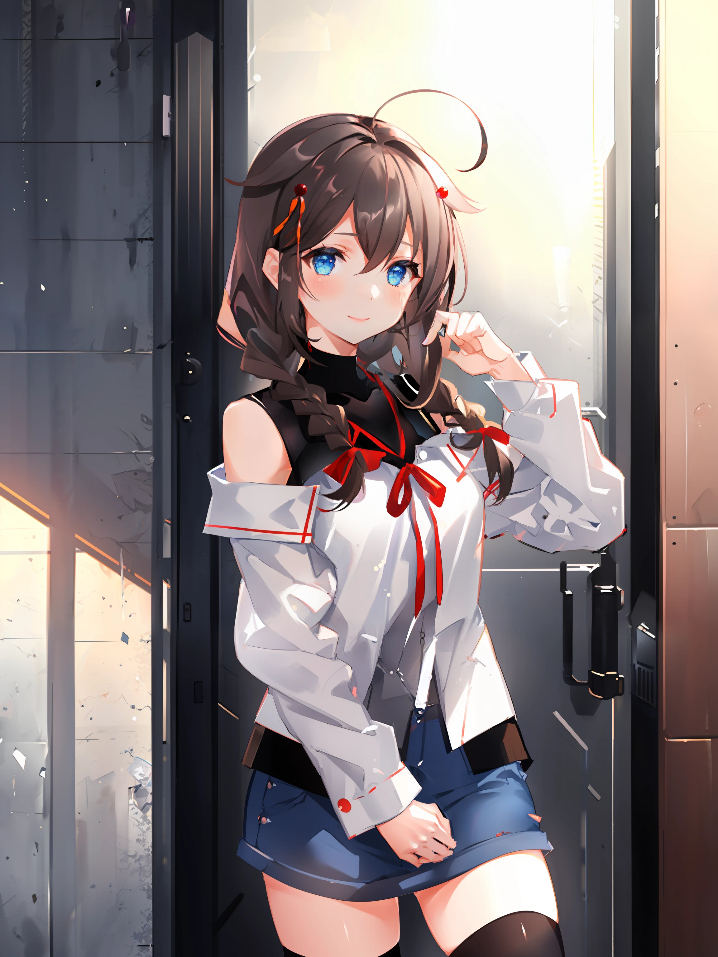 shigure sasebo 2022 \(kancolle\), 1girl, solo, thighhighs, black thighhighs, smile, single braid, white shirt, sleeveless shirt, off-shoulder shirt, looking at viewer, blue skirt, red ribbon, bare shoulders, blush, closed mouth, cowboy shot, zettai ryouiki, standing, turtleneck, gradient, gradient background, black shirt, neck ribbon, pencil skirt, denim skirt, breasts, miniskirt, brown background, white background, original, intricate detail, illustration, masterpiece, extremely detailed CG unity 8k wallpaper, highlight, sharpening, dynamic, <lora:Shigure-3:0.8>,