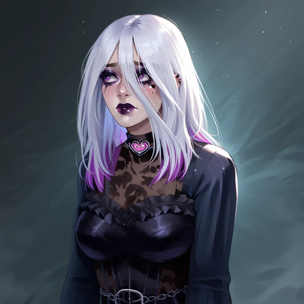 score_9, score_8_up, source_hentai, 1girl, gothic art, nsfw, solo BREAK <lora:PONY Sable Warb DBD 45 v2:1> Sable Ward, white hair with purple tips, purple eyes, goth makeup, purple mascara, large breasts, shy, looking away, full face blush