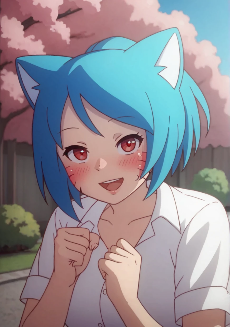 score_8_up, score_7_up, score_6_up, score_5_up, score_4_up, anime screenshot
<lora:Nicole Waterson (Autism SDXL)-000009:0.8> 1girl, manyakis, nicole watterson, animal ears, ponytail, blue hair, blush, red eyes, facial mark, white collared shirt, skirt,
upper body, standing, outside, park, cherry blossoms, hanami, atmospheric perspective, drop shadow, open mouth, smile, official wallpaper, double fist pump, leaning forward, looking at viewer, sparkle, eye glitter,