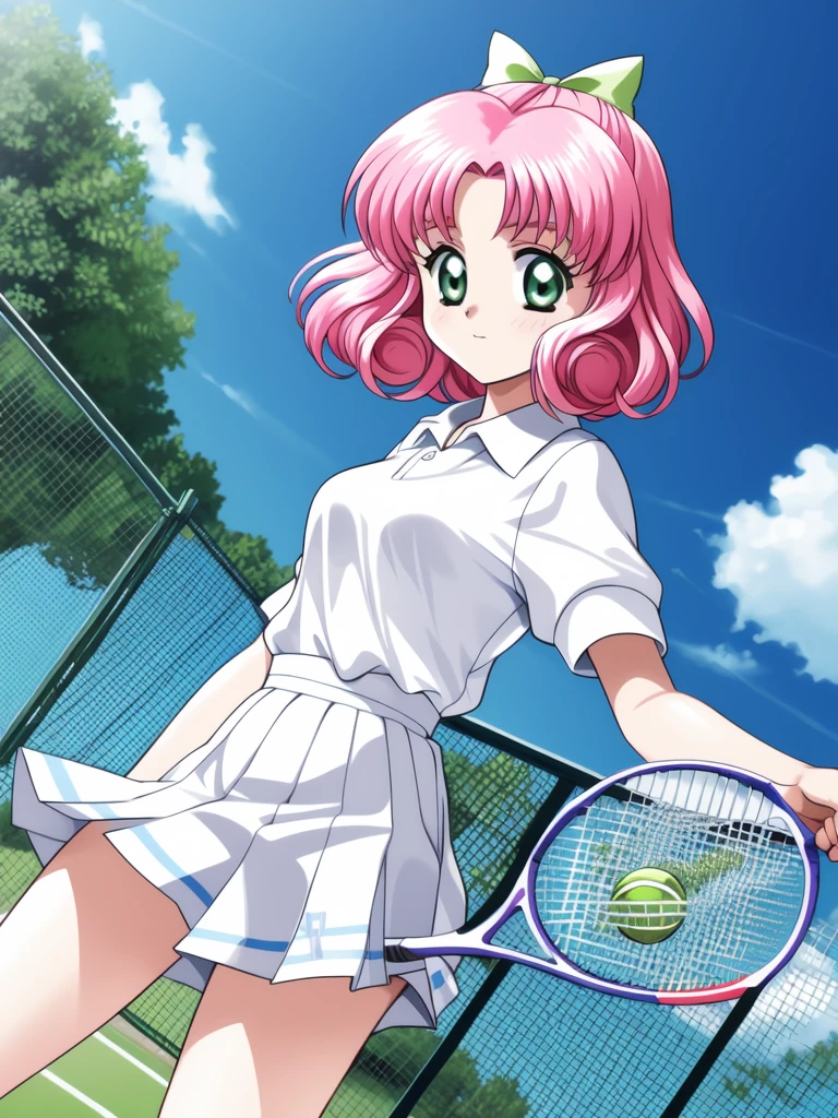 <lora:Minagawa_Nana:0.8>, MinagawaNana, 1girl, soro, pink hair, green eyes, hair bow, short hair, curly hair, outdoor, sky, school,
racket, tennis racket, multiple boys, ball, tennis uniform, sportswear, skirt, 1girl, tennis ball, day, fence, outdoors,
masterpiece, high quality, very_high_resolution, large_filesize, full color,