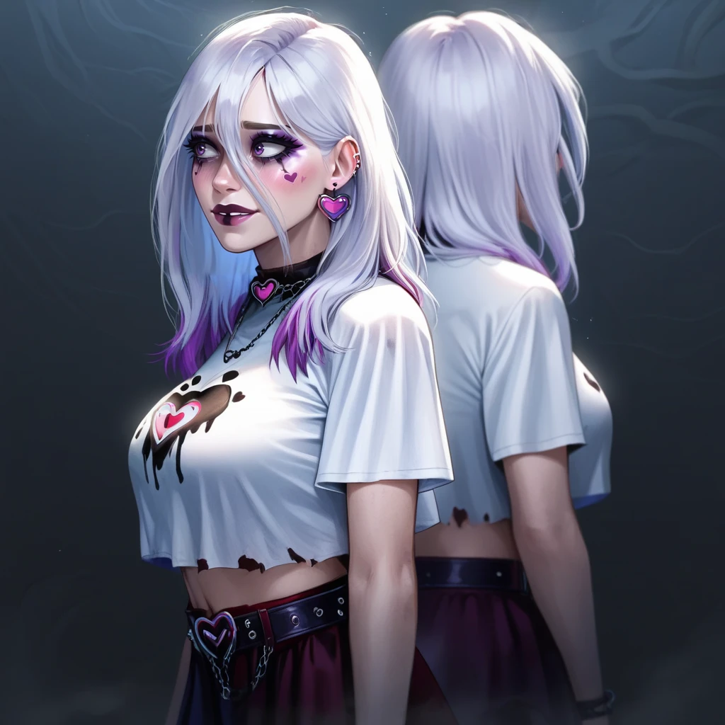 score_9, score_8_up, source_hentai, 1girl, gothic art, side view portrait, nsfw, solo BREAK <lora:PONY Sable Warb DBD 45 v2:1> Sable Ward, white hair with purple tips, purple eyes, goth makeup, purple mascara, shy, looking away, full face blush, large breasts, heart necklace, giant heart earrings, adorable smile with faintly visible teeth, white shirt, shredded croptop white t-shirt, exposed midriff, visible belly, red skirt, leather miniskirt, large belt loosely attached, tall platform boots