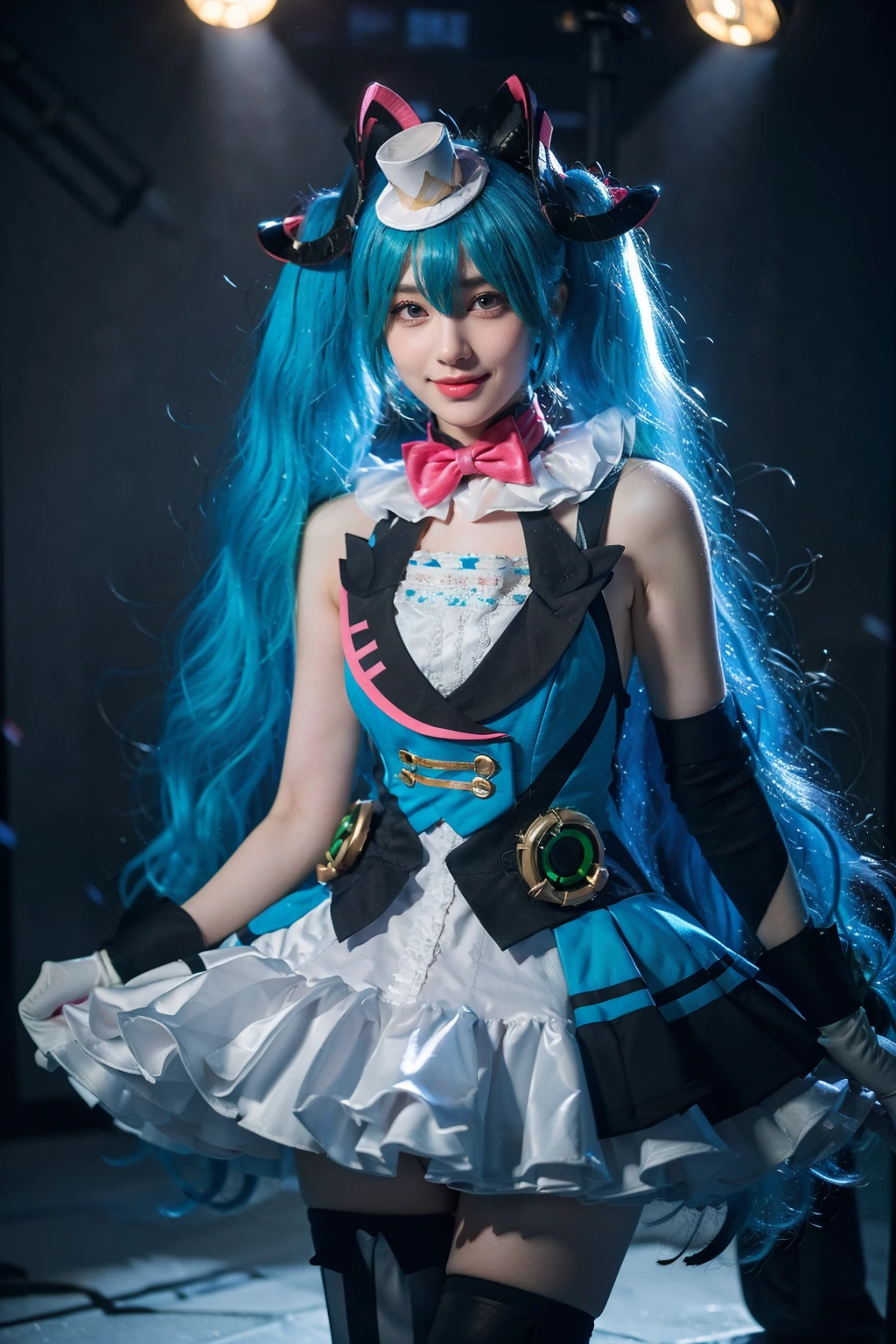 best quality, masterpiece, realistic, photorealistic, 1girl, solo, looking at viewer, smile, standing, cowboy shot, hatsune miku cosplay costume, hatsune miku, magical mirai miku, cosplay, aqua hair, twintails, very long hair, vest, sleeveless dress, frills, asymmetrical gloves, bowtie, mini hat, hair ornament, gloves, wrist cuffs, asymmetrical legwear, vertical-striped thighhighs, in stage, spotlight, bands, <lora:miku_cosplay_magicalMirai2019_v1:0.7>