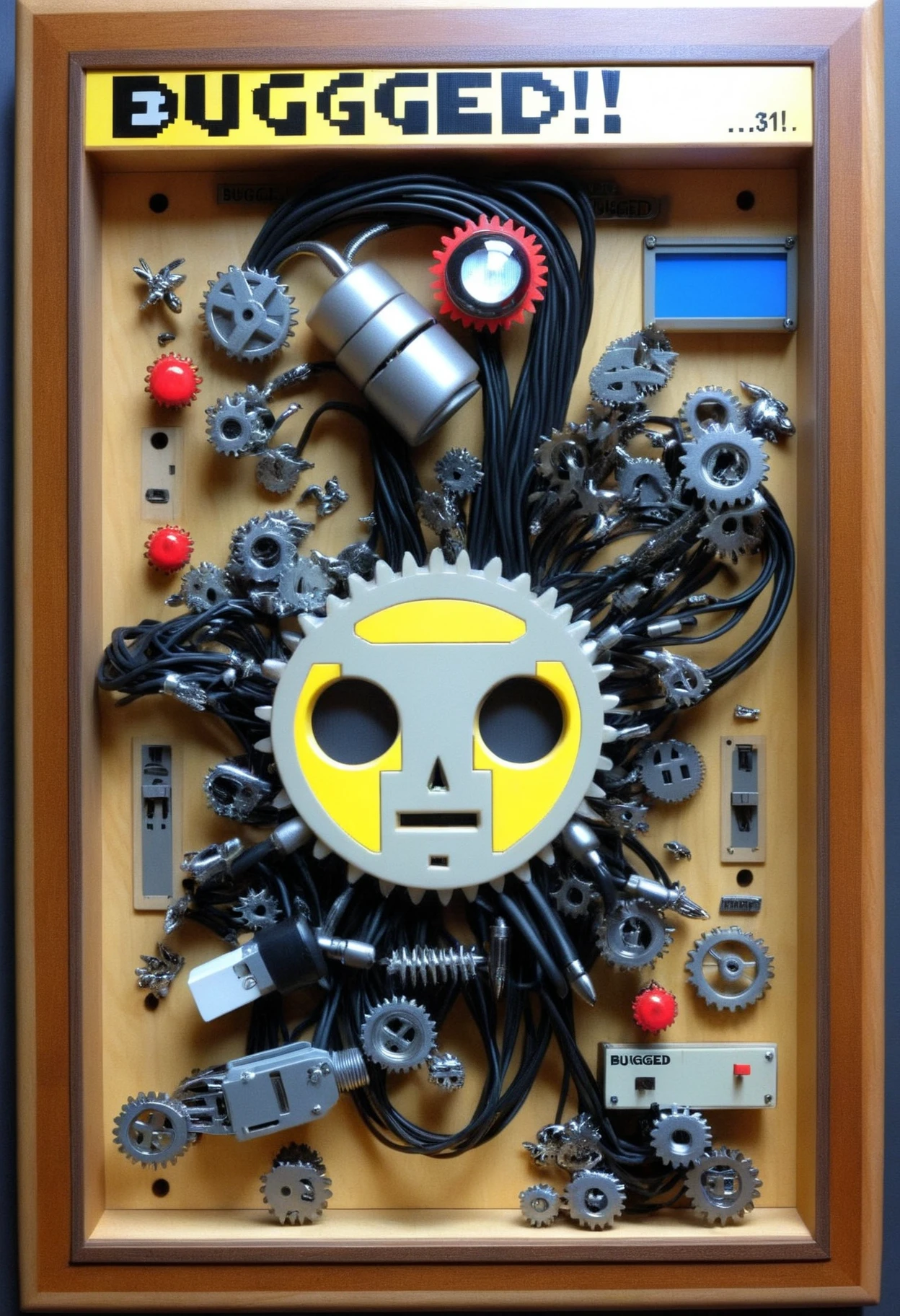 DonM8u663dXL, text "BUGGED!", laser cutter, cable organizers,gears, web, chiseled <lora:DonM8u663dXL-000008:1>