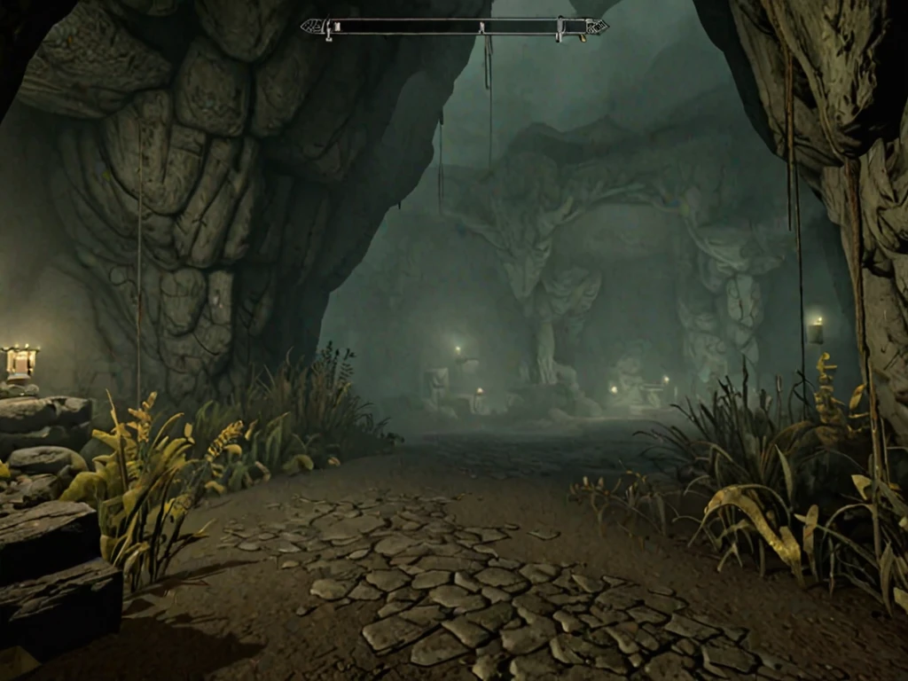 videogame screenshot a screenshot of a cave area, foggy , videogame screenshot <lora:Skyrim_Style_XL>