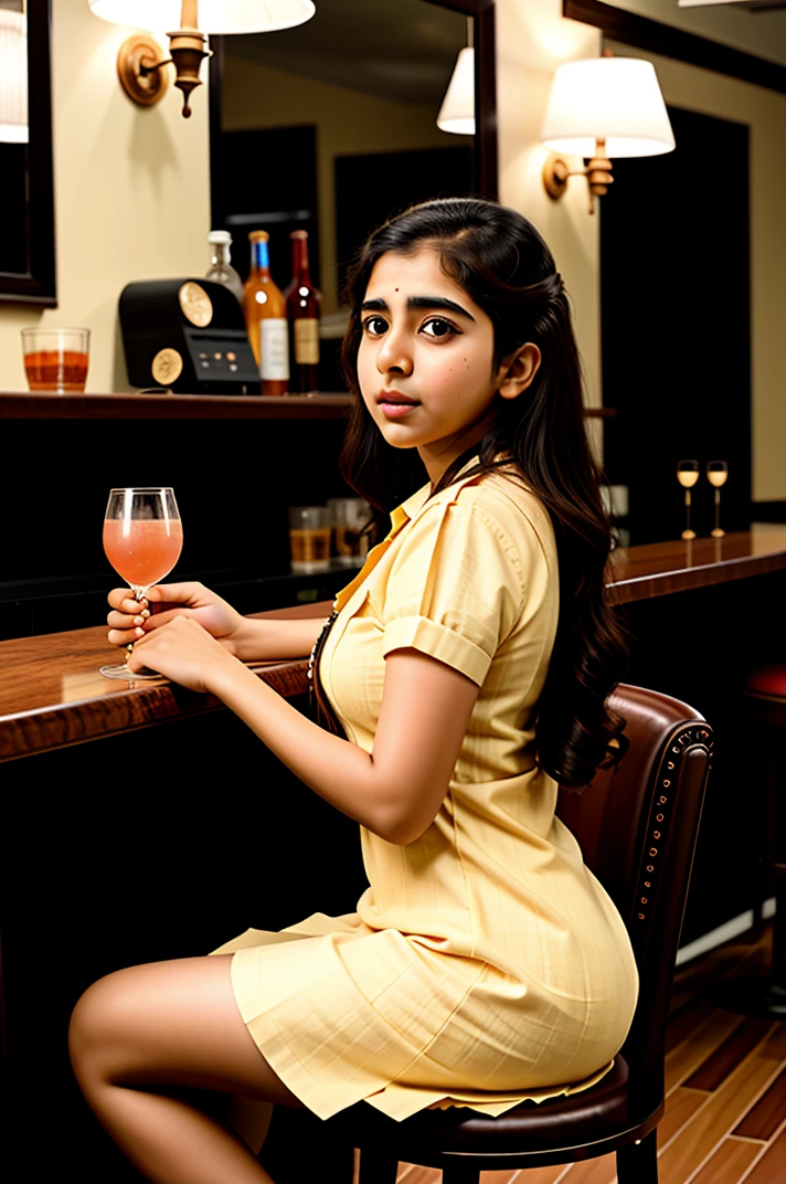 tv_Generic_25yo_Pakistani_v2 , , happy expression, wearing an elegant cocktail dress, sitting on a barstool in a crowded cocktail bar, full body shot, low angle shot, shot from the side,, photographed on a Canon EOS R5, 50mm lens, F/2.8, HDR, 8k resolution, highres, high detail, sharp focus, , photography, 8k uhd,
