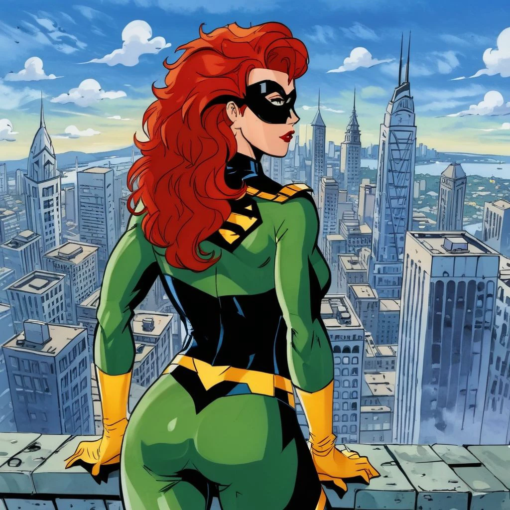 A beautiful female superhero stands atop a building looking down on the city, she has medium red hair and a small eye mask, full body, smheroes style<lora:90s_Animated_Super_Heroes:1>