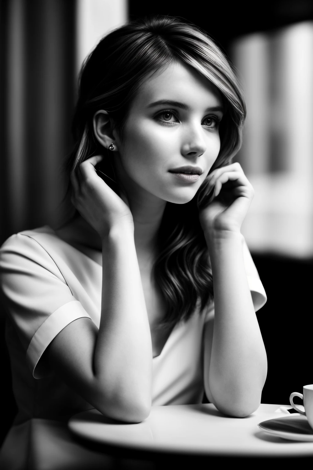 EmmaR_SoloTI_v1,PA7_Portrait-MCU, (A timeless little black dress, tailored to perfection with clean lines and subtle elegance, for a sophisticated and iconic Chanel No. 5 style:1.1), ((In a chic Parisian café, with the aroma of freshly brewed coffee and the clinking of fine china, as fashion and refinement merge in a celebration of timeless beauty:1.2)), (seductive), photorealistic, masterpiece, high quality, artistic, unique, award winning photograph, professional, 8k, RAW photo, best quality,flattering, (cinematic:1.3) , <lora:add_detail:0.6>,<lora:LowRa:0.6>,