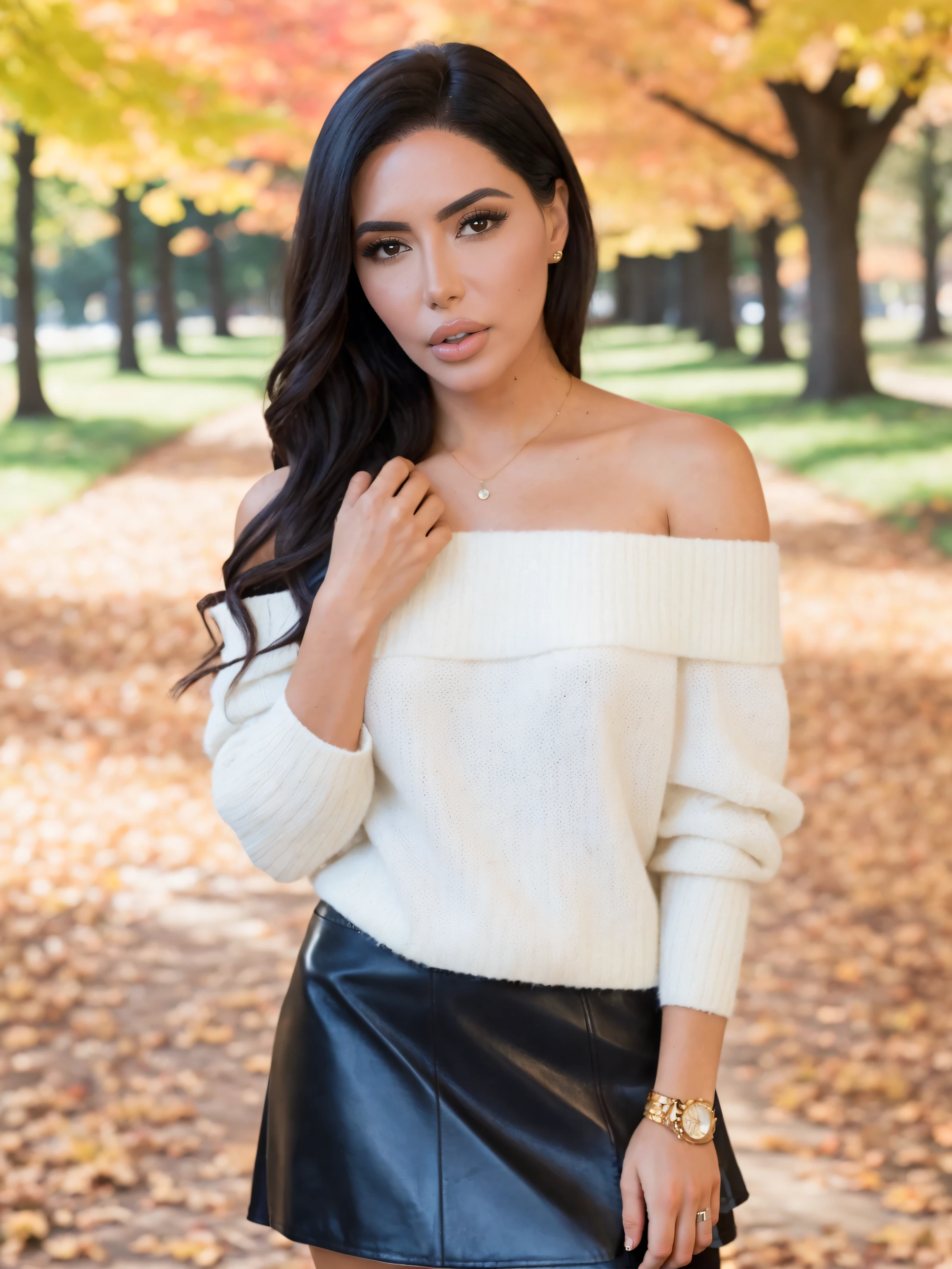 lelastar, a photo of a beautiful woman, perfect long hair, (wearing off shoulder jumper, leather skirt:1.2),,,, (city park, autumn:1.2), cinematic, film grain, movie still, (color picture:1.1), shot with Fuji XT3, <lora:lelastar:1>