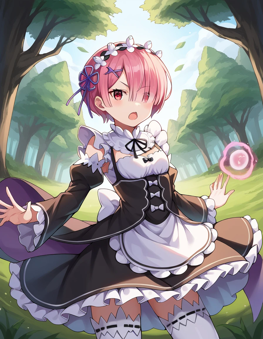 score_9, score_8_up, score_7_up, source_anime,
rezeroram, <lora:rezero-ram-ponyxl-lora-nochekaiser:1>,
ram, hair flower, hair ornament, hair over one eye, pink hair, red eyes, short hair, x hair ornament,
apron, black bow, black dress, black ribbon, bow, detached sleeves, dress, frilled apron, frilled sleeves, frills, juliet sleeves, long sleeves, maid, neck ribbon, puffy sleeves, ribbon, roswaal mansion maid uniform, thighhighs, two-tone dress, waist apron, white bow, white dress, white thighhighs,
outdoors, forest, nature, village, magic, fighting stance, wind, wind magic, open mouth,
looking at viewer, dutch angle, cowboy shot,