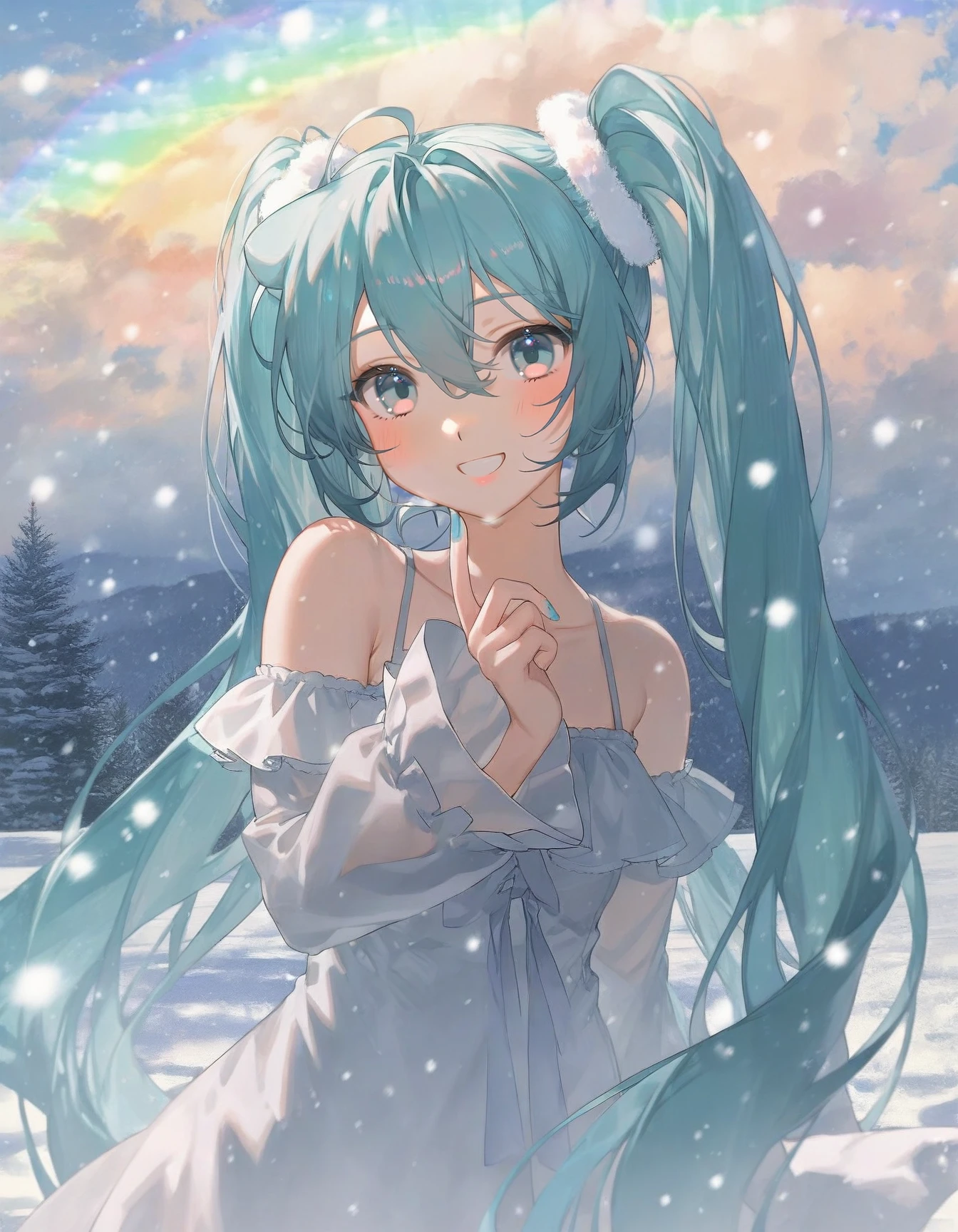 1girl, solo, hatsune miku, aqua hair, aqua hair, upper body, white dress, off shoulder, looking at viewer, smile, blush, snow, snowing, outdoors, cloudy sky, blue sky, rainbow gradient, beautiful color, detailed, aesthetic, (amazing quality:1.5), <lora:lifeline:1>