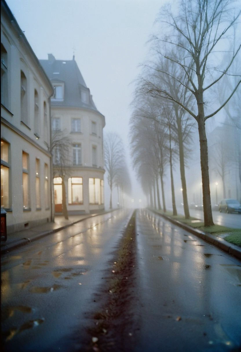 c41_hasselblad_portra400, instagram photo, a dark and foggy street somewhere in europe, hard shadows, film grain