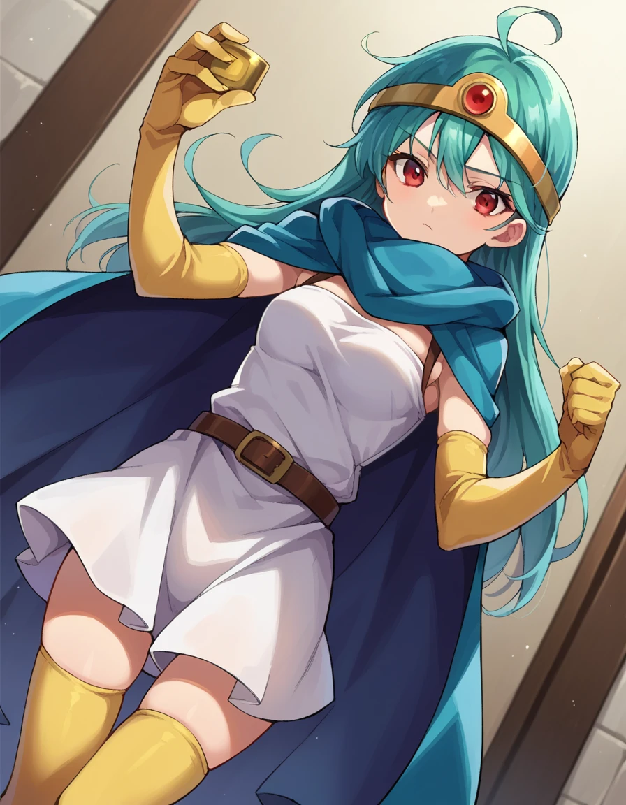 score_9, score_8_up, score_7_up, source_anime,
dqsage, <lora:dq-sage-ponyxl-lora-nochekaiser:1>,
sage, ahoge, aqua hair, red eyes, long hair,
belt, buckle, cape, capelet, circlet, cloak, dress, elbow gloves, gloves, scarf, short dress, sleeveless, sleeveless dress, thighhighs, yellow gloves,
indoors,
looking at viewer, dutch angle, cowboy shot,