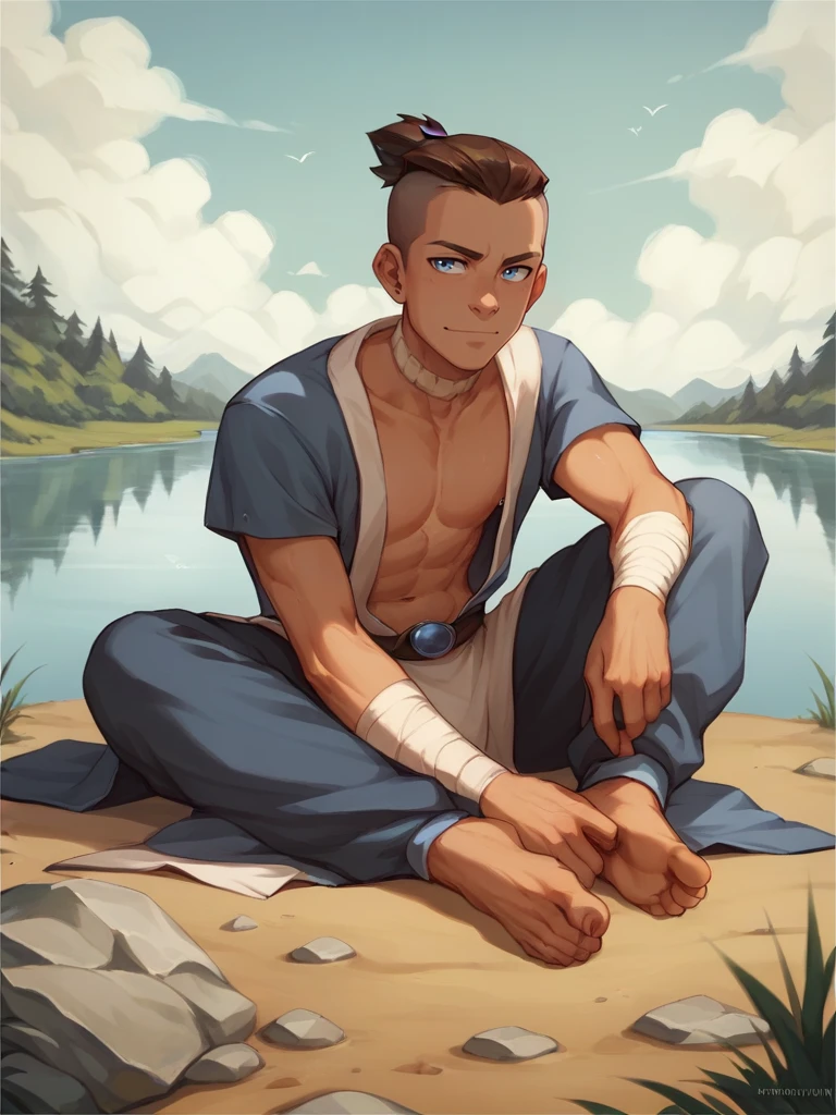 score_9, score_8_up, score_7_up, score_6_up, <lora:S0kka:1> solo, S0kka man, brown hair, topknot, undercut, blue eyes, full body, lake background