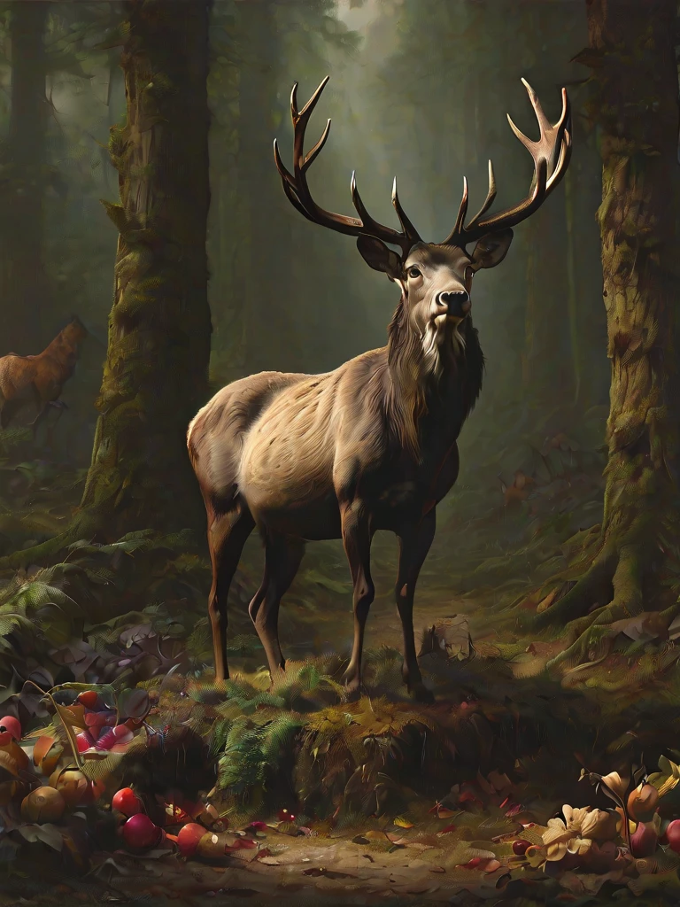 Baroque-style oil painting of a majestic stag in a dense, shadowy forest, its antlers catching the last rays of sunset, paired with a richly textured still life of hunting trophies and forest fruits, by Caravaggio and Willem Claesz Heda, cinematic composition, trending on ArtStation.