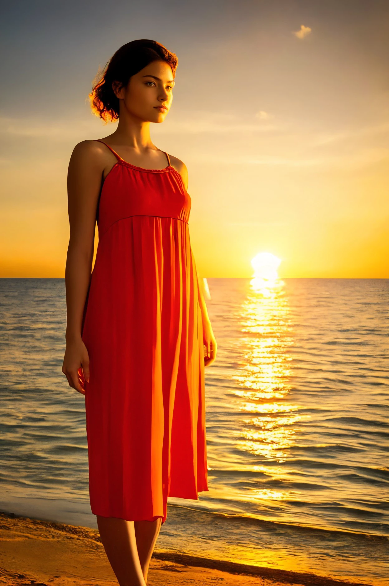 woman standing, sunset, sun, yellow tint, European, beautiful, wearing Red dress <lora:dynamic_shot_02_golden_hour:0.5> closeup
detailed face,
masterpiece, highres,