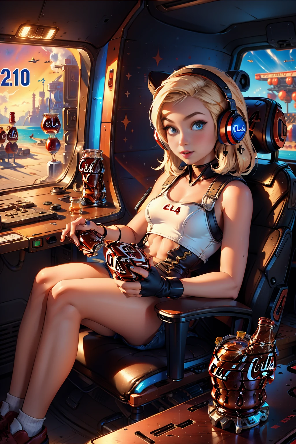 a young girl ((naked)) dressed as a pirate in front of computer monitors typing at the keyboard (((with small breasts showing))) and with a parrot on her shoulder (on a pirate ship)