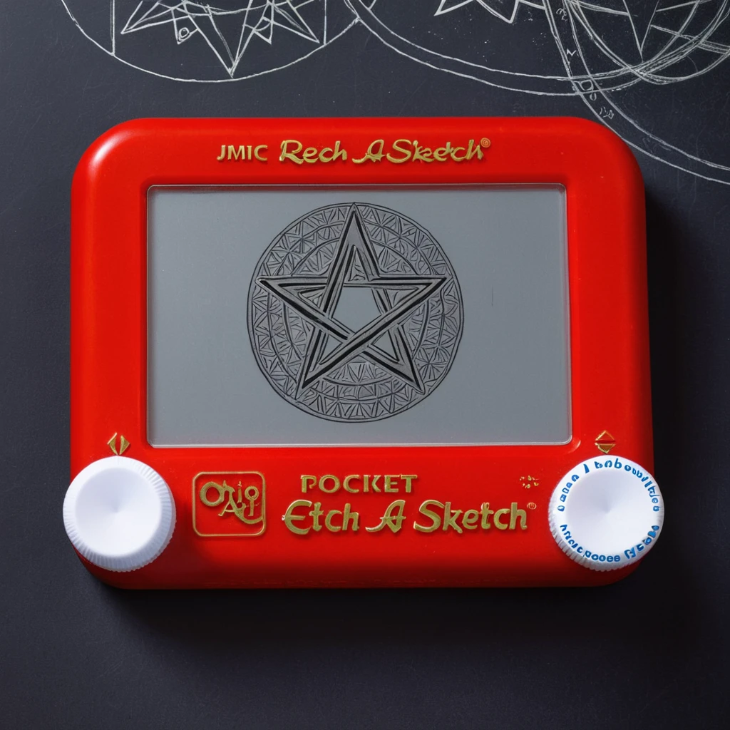 A photo of a red Etch A Sketch toy. The toy is laying on a dark background. The screen of the Etch A Sketch has a drawing of a pentagram. <lora:Etch_A_Sketch-000009:1>