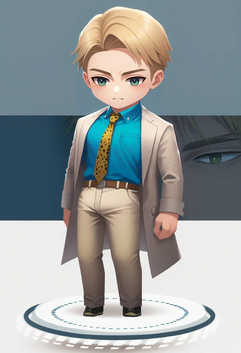 score_9, score_8_up, source_anime, 1boy, solo, chibi, standing, full body, NanamiBase, blonde hair, short hair, grey jacket, yellow necktie, leopard print, blue shirt, collared shirt, grey pants, <lora:ChamKentoNanamiPonyXL:1.0>, <lora:chibi-nikke-richy-v1_pdxl:1.0>