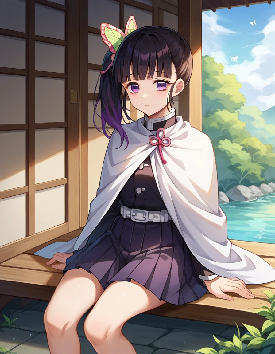score_9, score_8_up, score_7_up, source_anime,
kanaotsuyuri, <lora:kanao-tsuyuri-ponyxl-lora-nochekaiser:1>,
kanao tsuyuri, black hair, butterfly, butterfly hair ornament, purple eyes, side ponytail, ponytail,
black skirt, cape, demon slayer uniform, long sleeves, pleated skirt, skirt, white cape,
outdoors, sitting, porch, butterfly,
looking at viewer, dutch angle, cowboy shot,