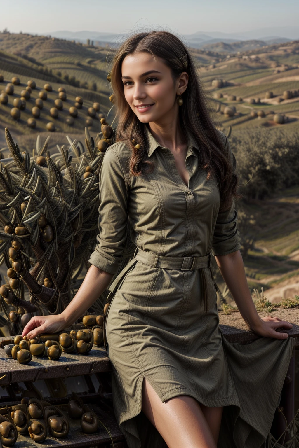 <lora:OlivesWorld:1.0> OlivesWorld 1woman (sexy skinny) in dress working in the olive field, <lora:more_details:1>