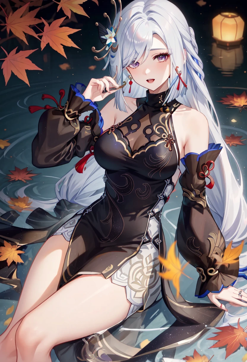 (best quality:1.3), (masterpiece:1.3), (illustration:1.3), (ultra-detailed:1.3), ((Best quality)), 1girl, black chinese dress, (((white hair))), orange eyes, large breasts, looking at viewer, evil smile, grin, solo, tied hair, hair over one eye, pelvic curtain, tied hair, fur-trimmed coat, indoors, voluptuous, tall, mature female,