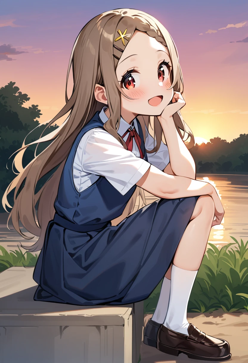 masterpiece, best quality, very aesthetic, absurdres, 1girl, aoba kokona, solo, white legwear, open mouth, smile, school uniform, looking at viewer, braided bangs, hairclip, white shirt, loafers, black footwear, brown hair, short sleeves, blush, sitting, :d, socks, red eyes, kneehighs, very long hair, collared shirt, blue skirt, neck ribbon, red neckwear, hand on own face, red ribbon, head rest, hand on own cheek, invisible chair, bangs, brown eyes, x hair ornament, forehead, blue dress, blue vest, light brown hair, pinafore dress, knee up, star hair ornament, bow, brown footwear, artist name, sidelocks, outdoors, sunset, from side, riverbank <lora:aoba_kokona_sdxl_locon_ani31_v1:0.7>